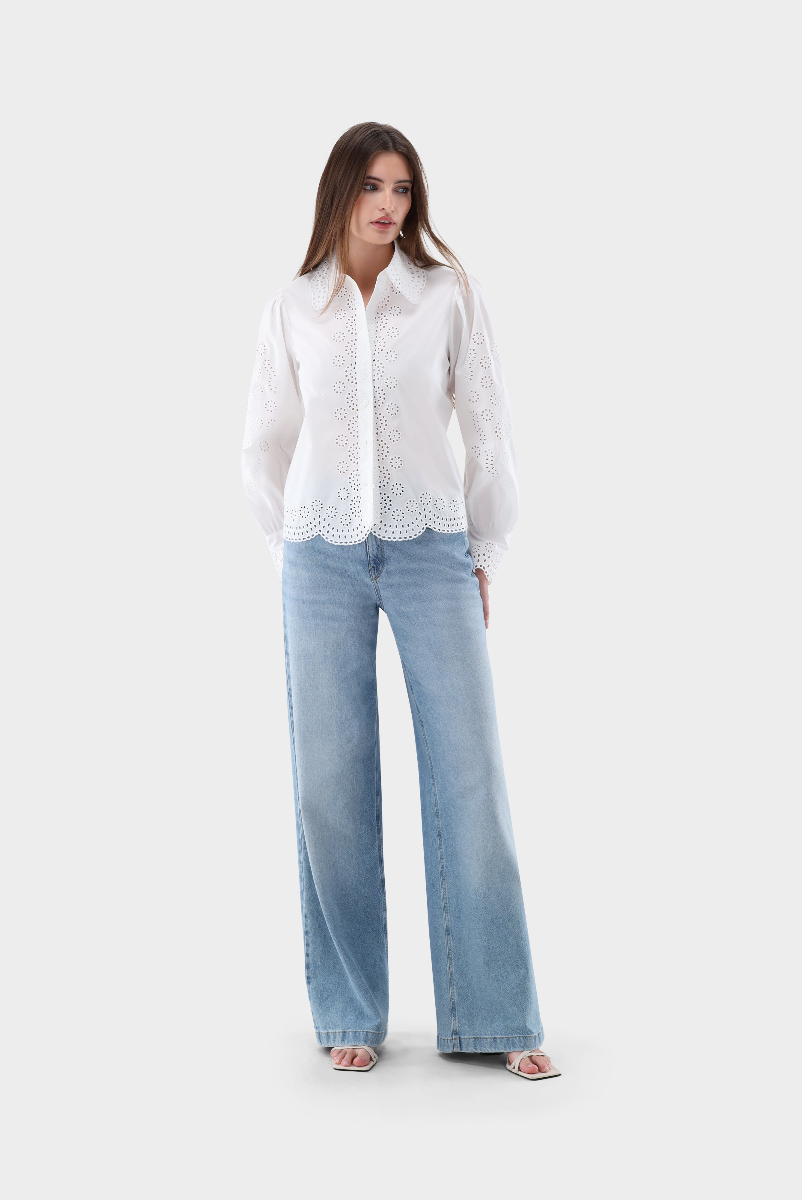Cropped Hemdbluse | mit Lochstickereien