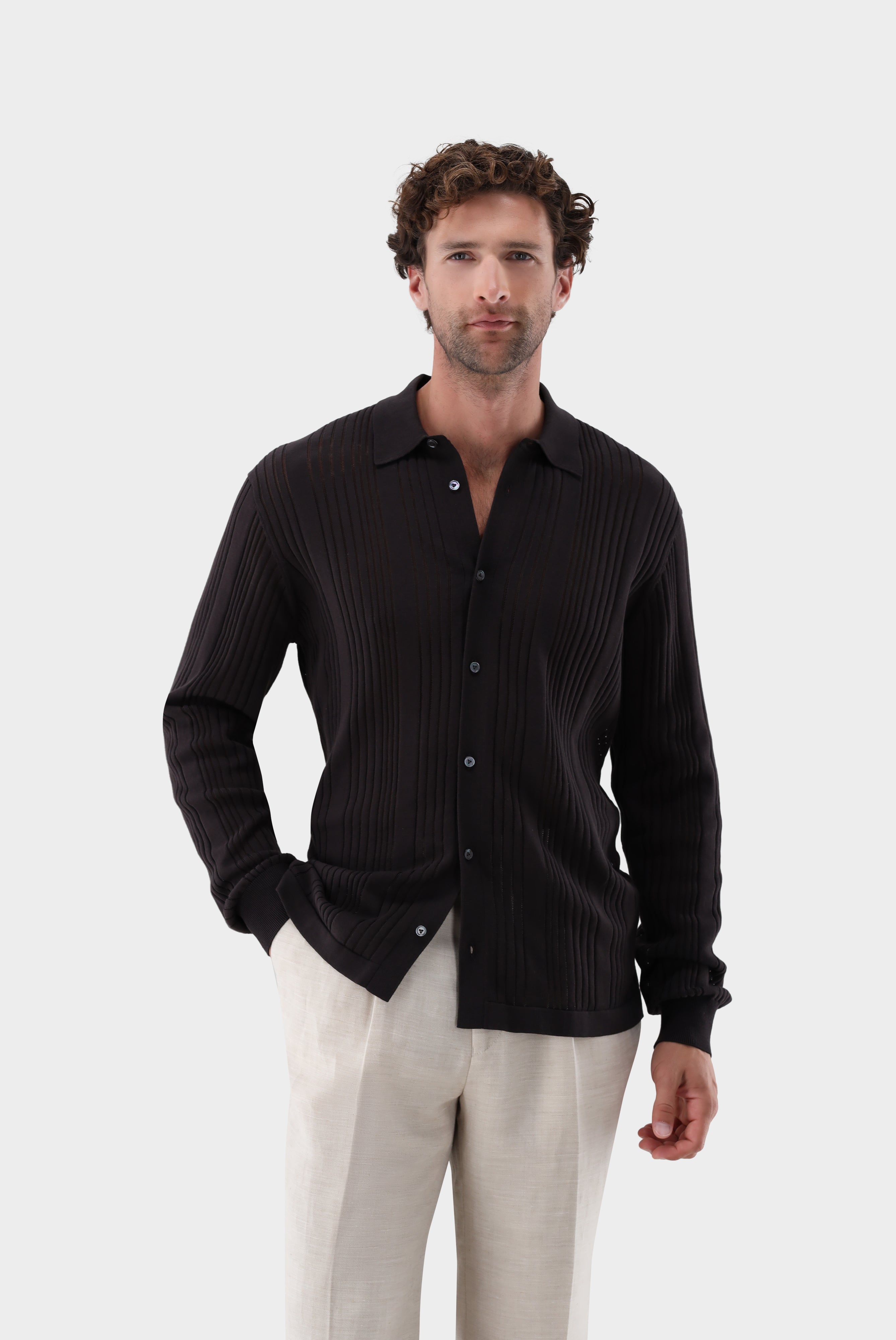 Strickhemd | mit Streifen-Struktur aus Air Cotton