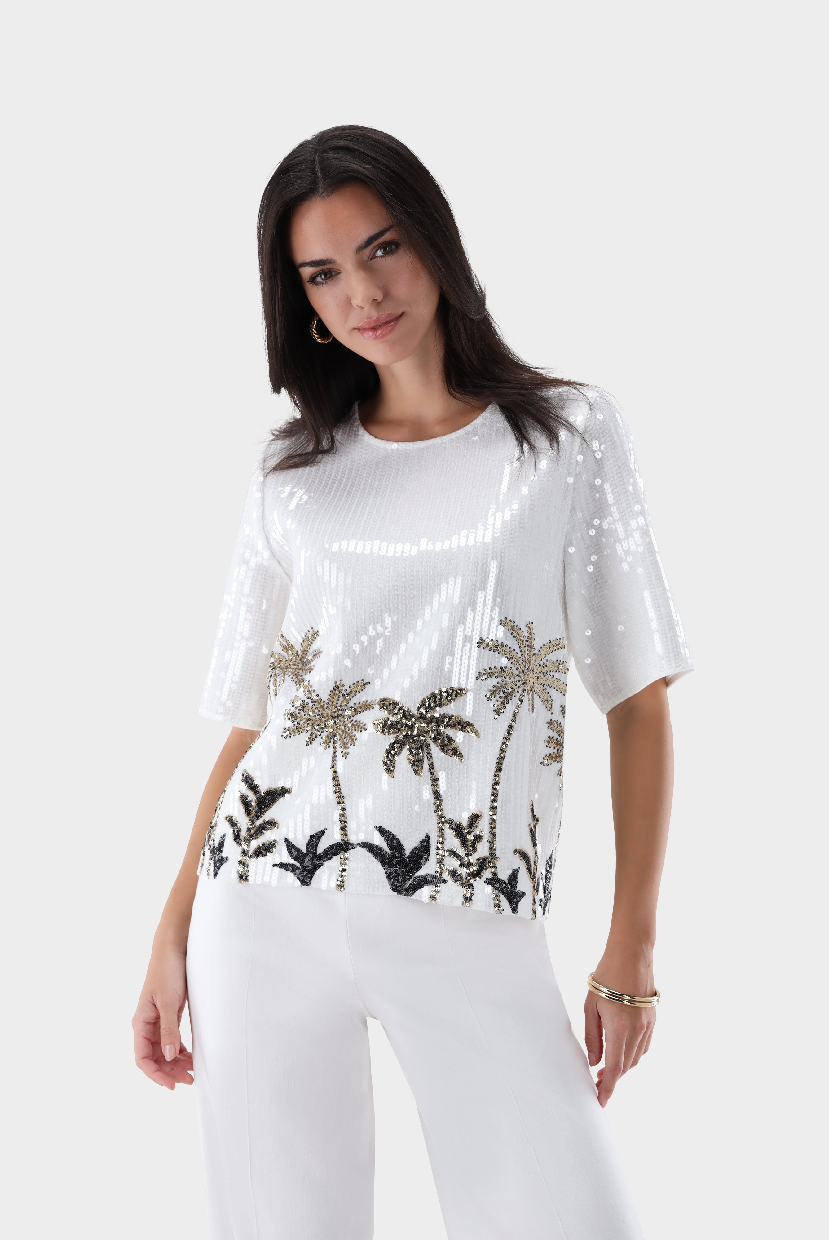 Pailletten Top | mit Palmen-Motiv