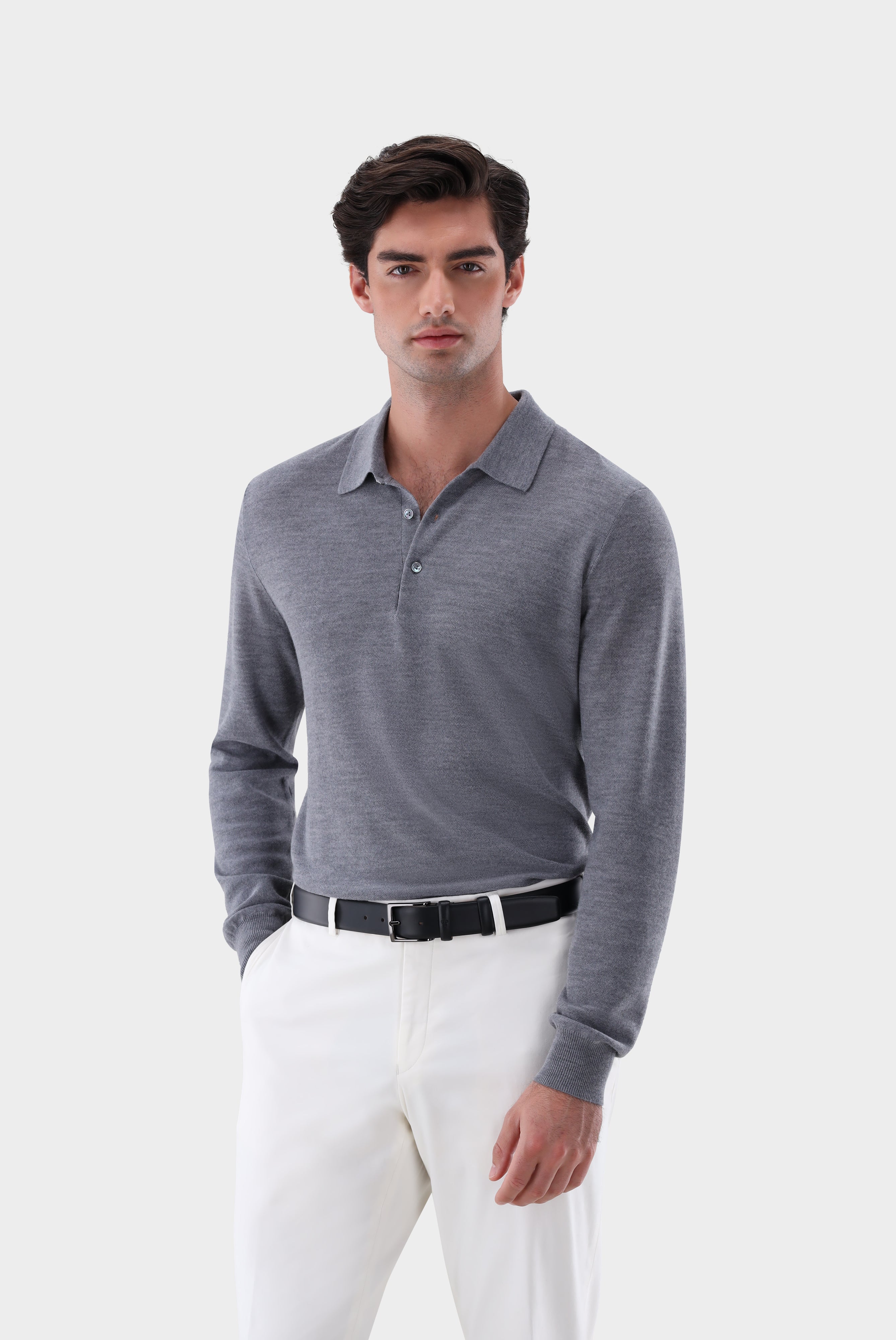 Poloshirt | gestrickt mit Langarm und Reiskorn-Struktur-Strick & Pullover-Van Laack-OUTLET-Mittelgrau-S-ARCHIVIST-ARCHIVE-SALE