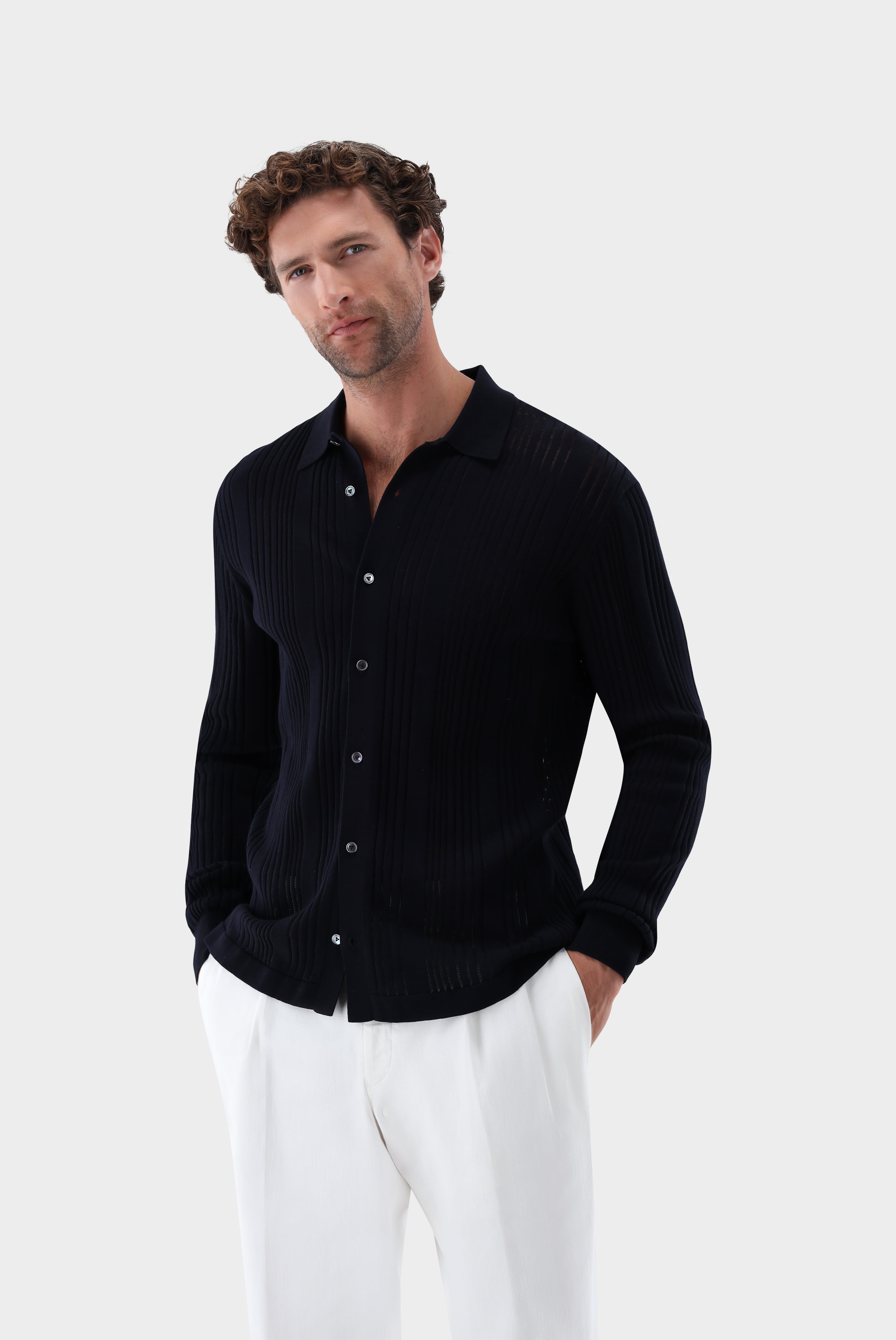 Strickhemd | mit Streifen-Struktur aus Air Cotton-Strick & Pullover-Van Laack-OUTLET-blau/rot-L-ARCHIVIST-ARCHIVE-SALE
