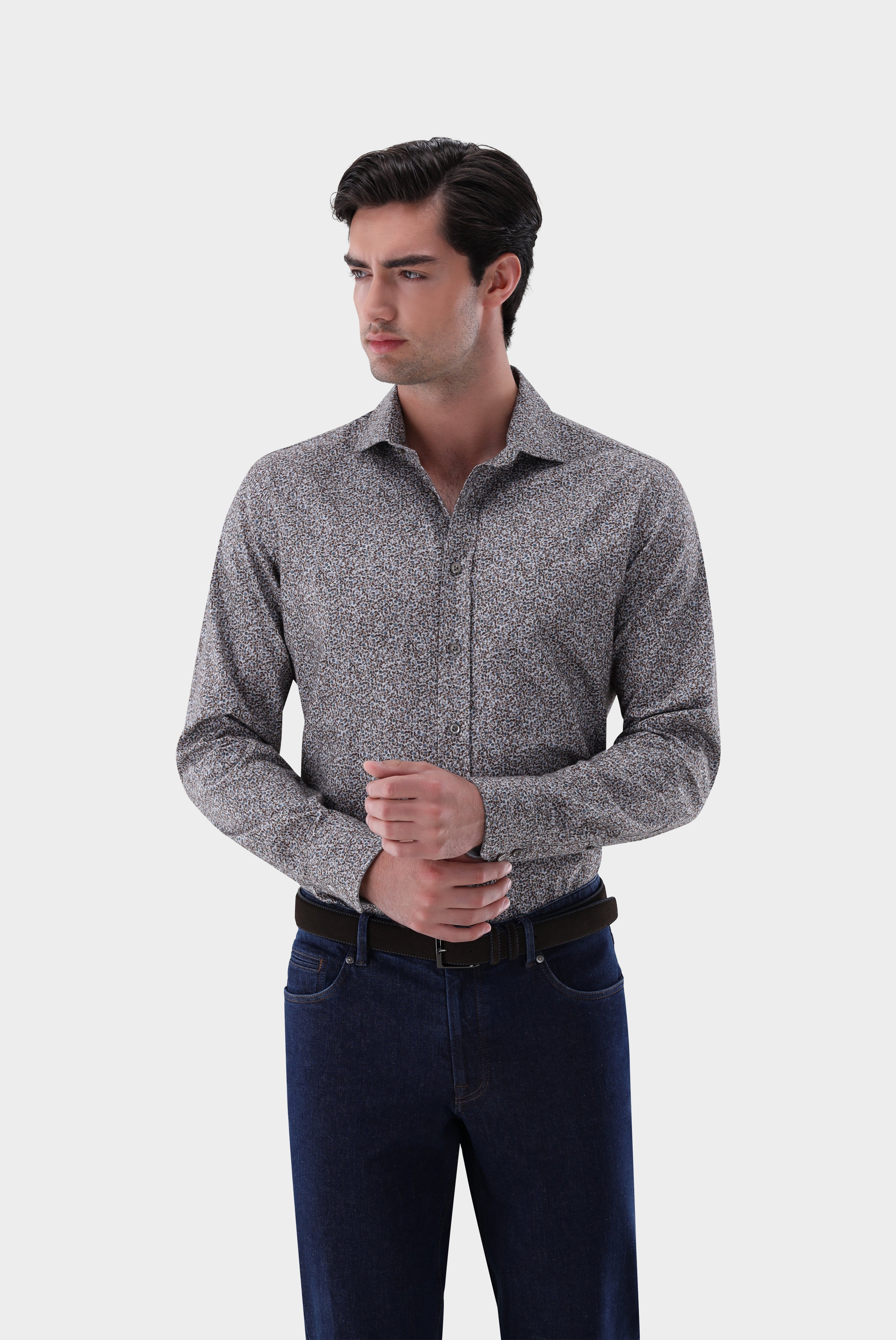 Flanellhemd | mit Mikro-Blatt Druck Tailor Fit-Hemden & Blusen-Van Laack-OUTLET-Beige/Braun-S-ARCHIVIST-ARCHIVE-SALE