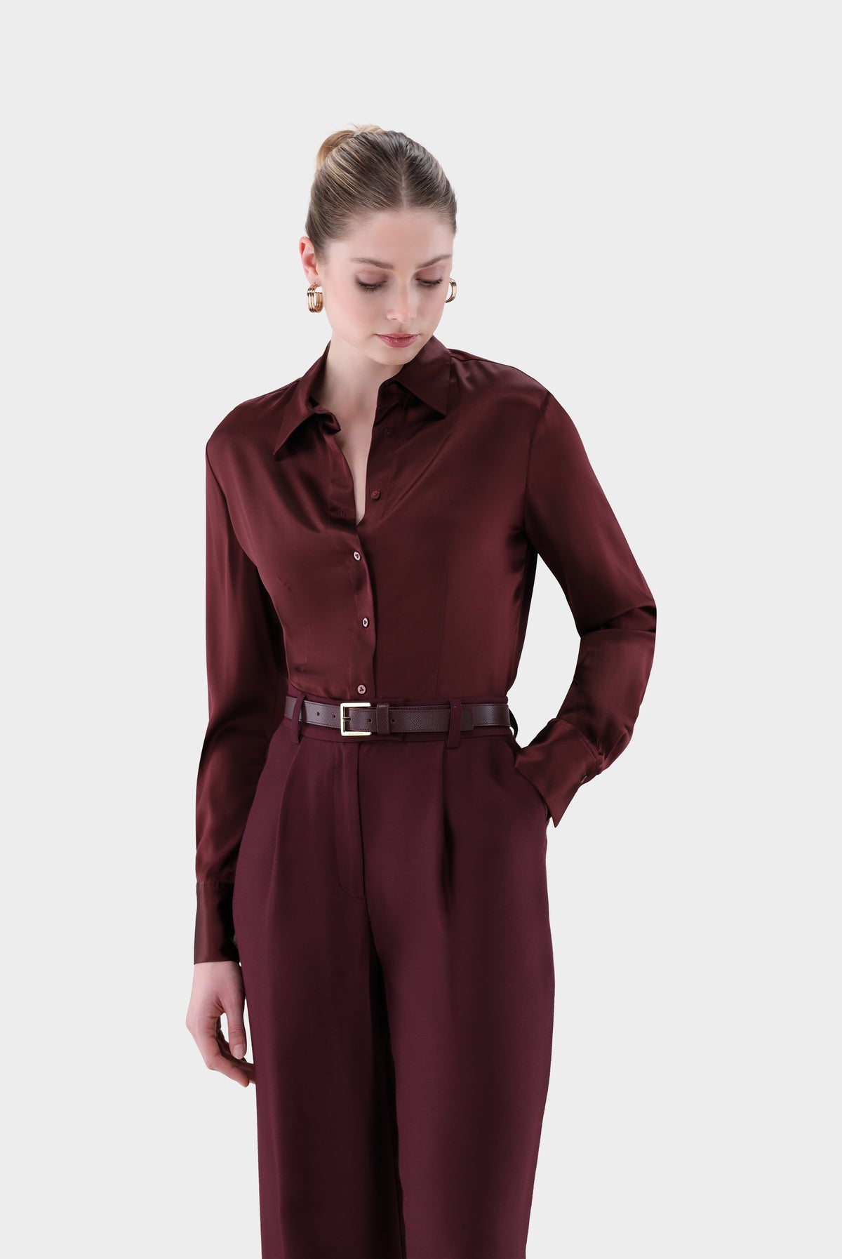 Hemdbluse | tailliert aus Seidensatin-Stretch-Hemden & Blusen-Van Laack-OUTLET-Rot/Rose-34-ARCHIVIST-ARCHIVE-SALE