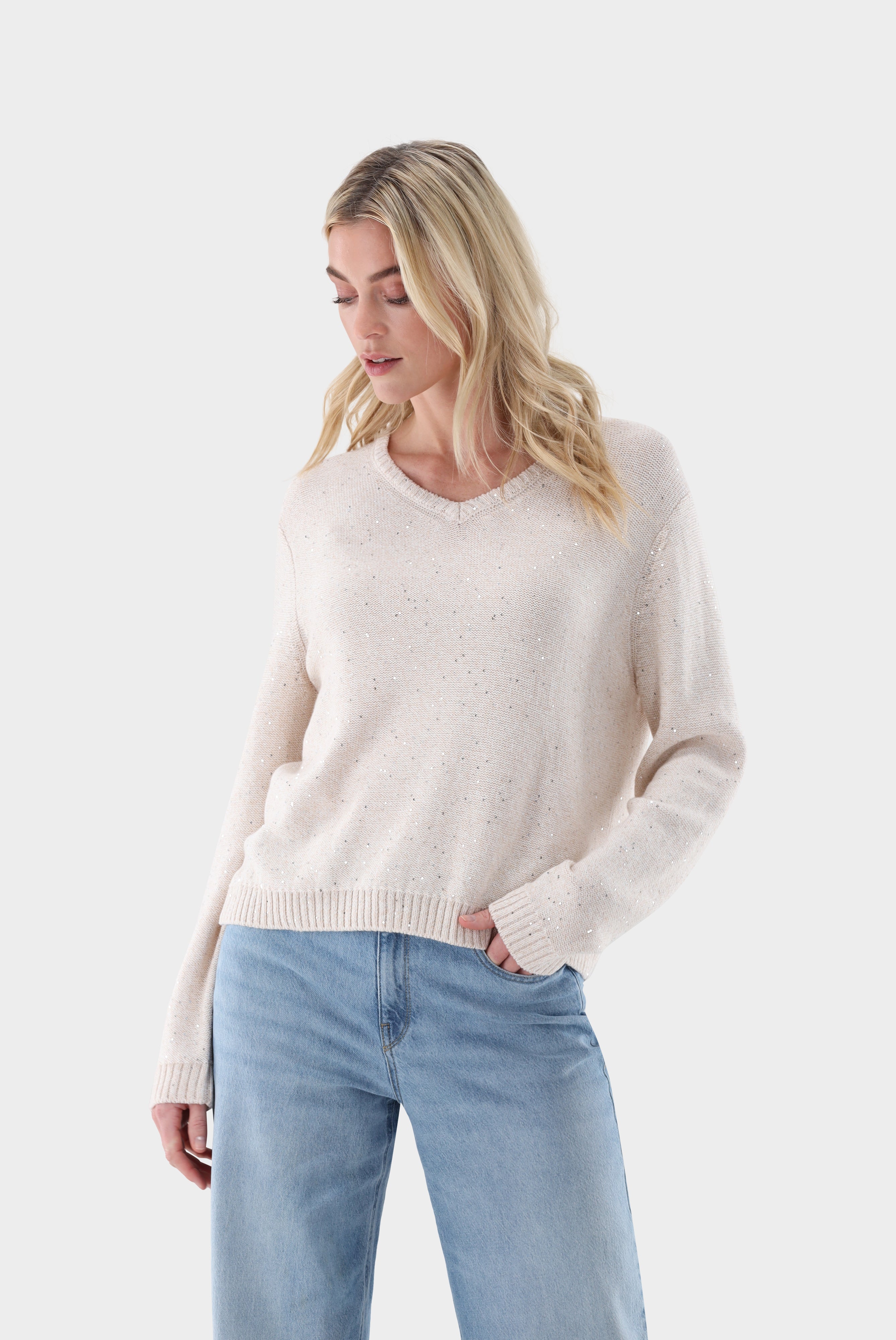 Pullover mit V-Ausschnitt | mit Kaschmir und Pailletten
