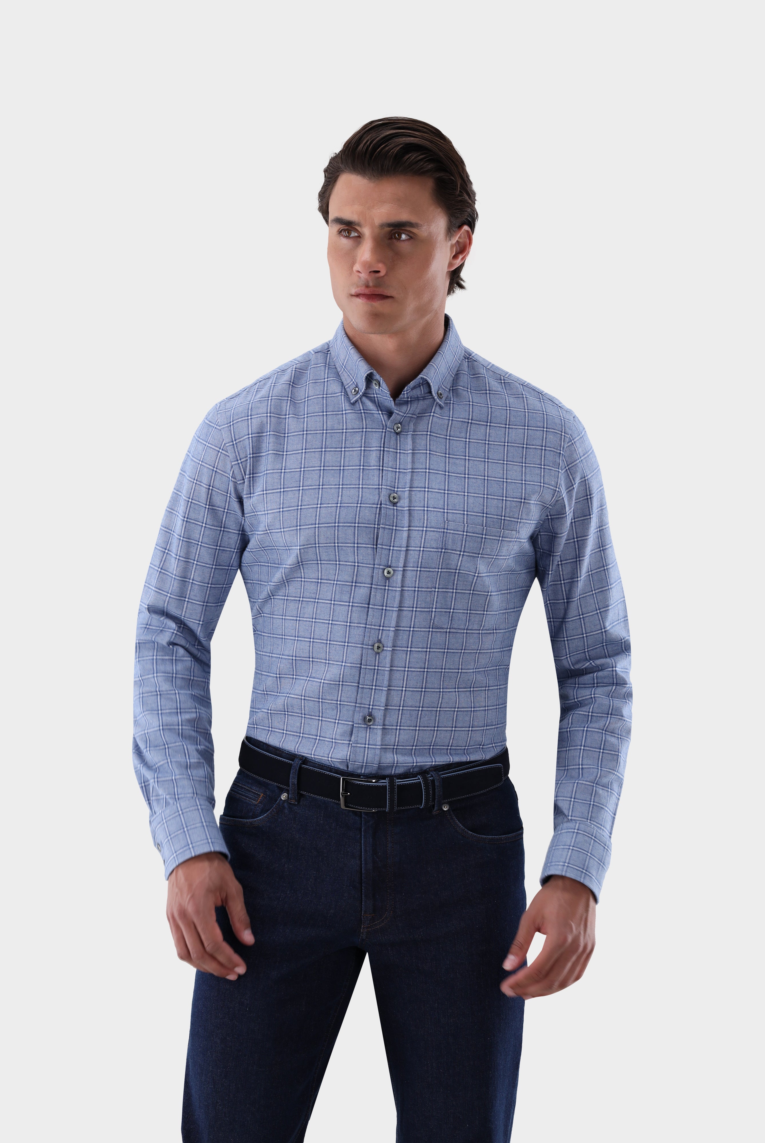 Flanellhemd | mit Karomuster Tailor Fit-Hemden & Blusen-Van Laack-OUTLET-Dunkelblau-37-ARCHIVIST-ARCHIVE-SALE