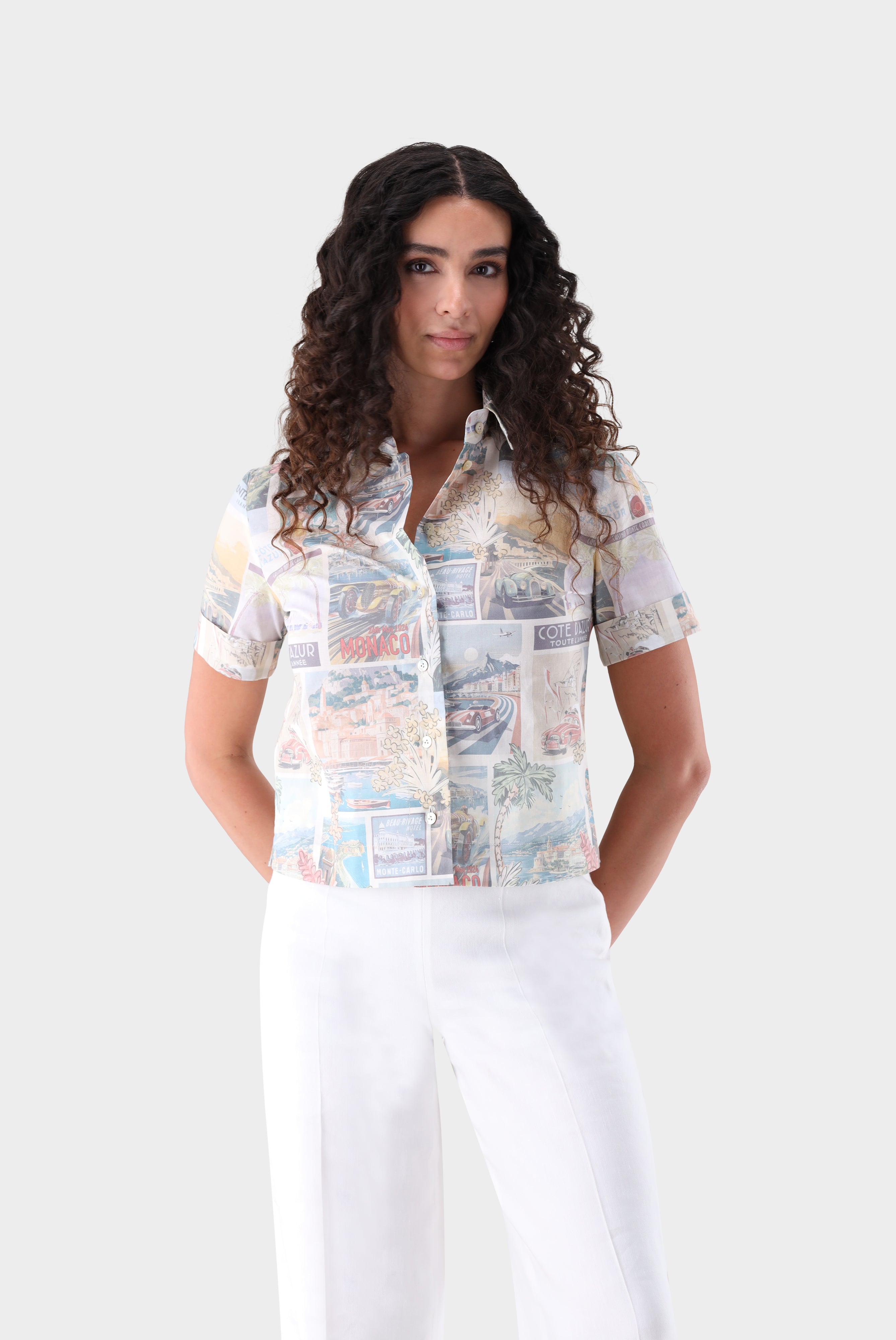 Kurzarm Hemdbluse | mit Postkaten-Druck