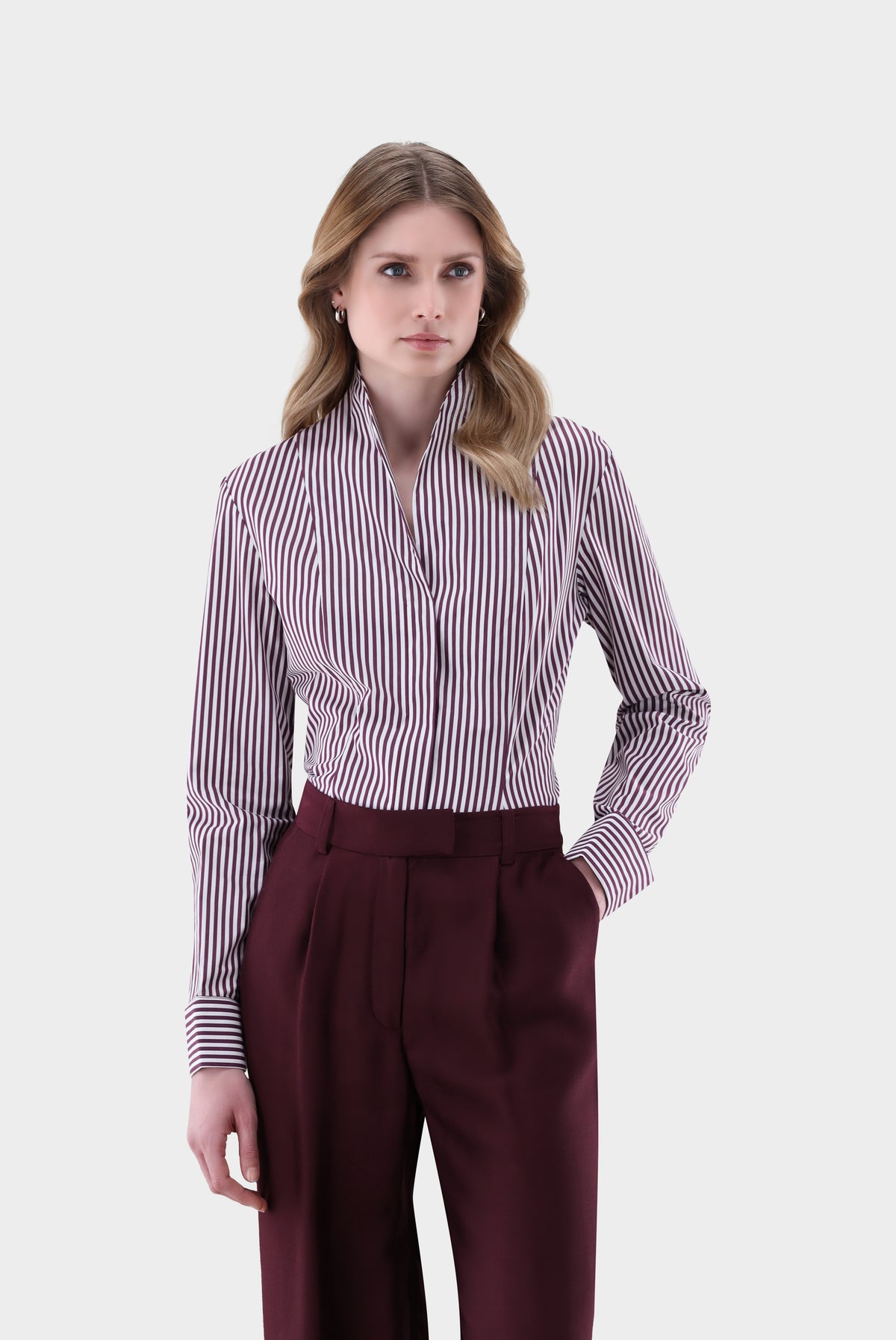 Kelchkragenbluse | aus popeline gestreift-Hemden & Blusen-Van Laack-OUTLET-Dunkelrot-36-ARCHIVIST-ARCHIVE-SALE