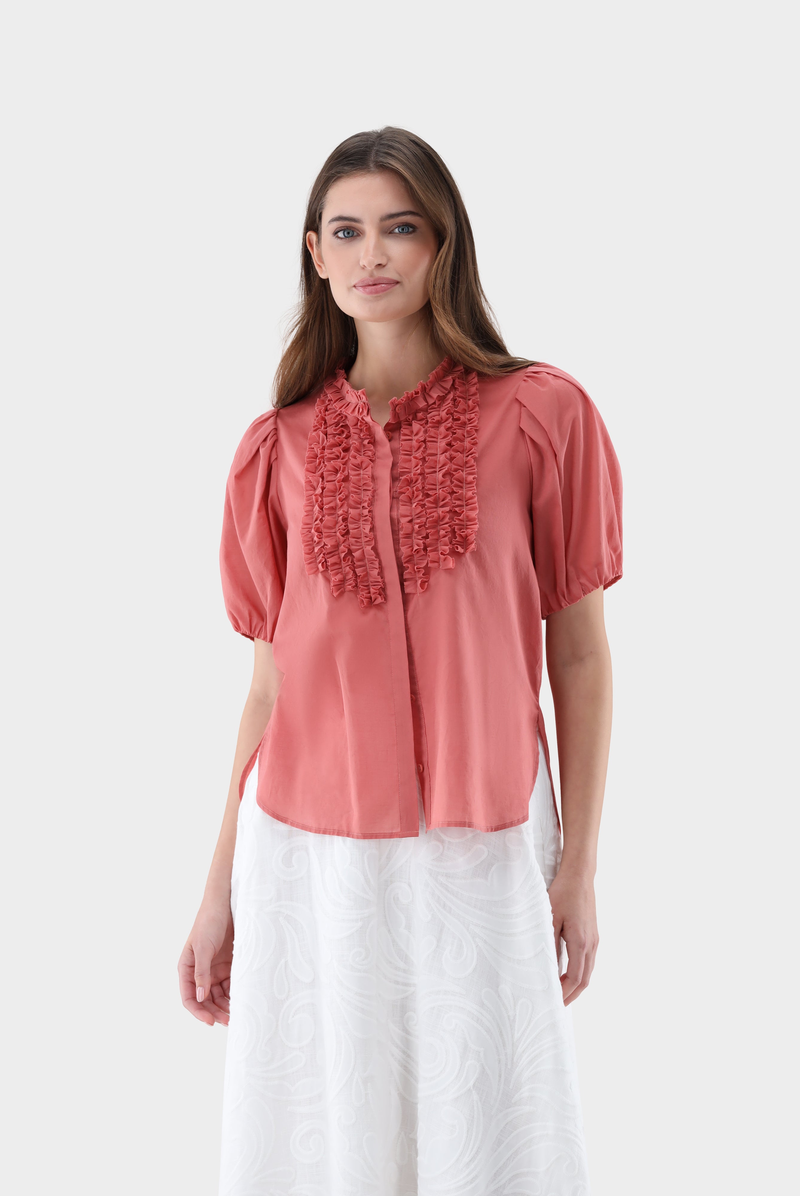 Kurzarm Bluse | mit Rüschen-Hemden & Blusen-Van Laack-OUTLET-Orange-36-ARCHIVIST-ARCHIVE-SALE