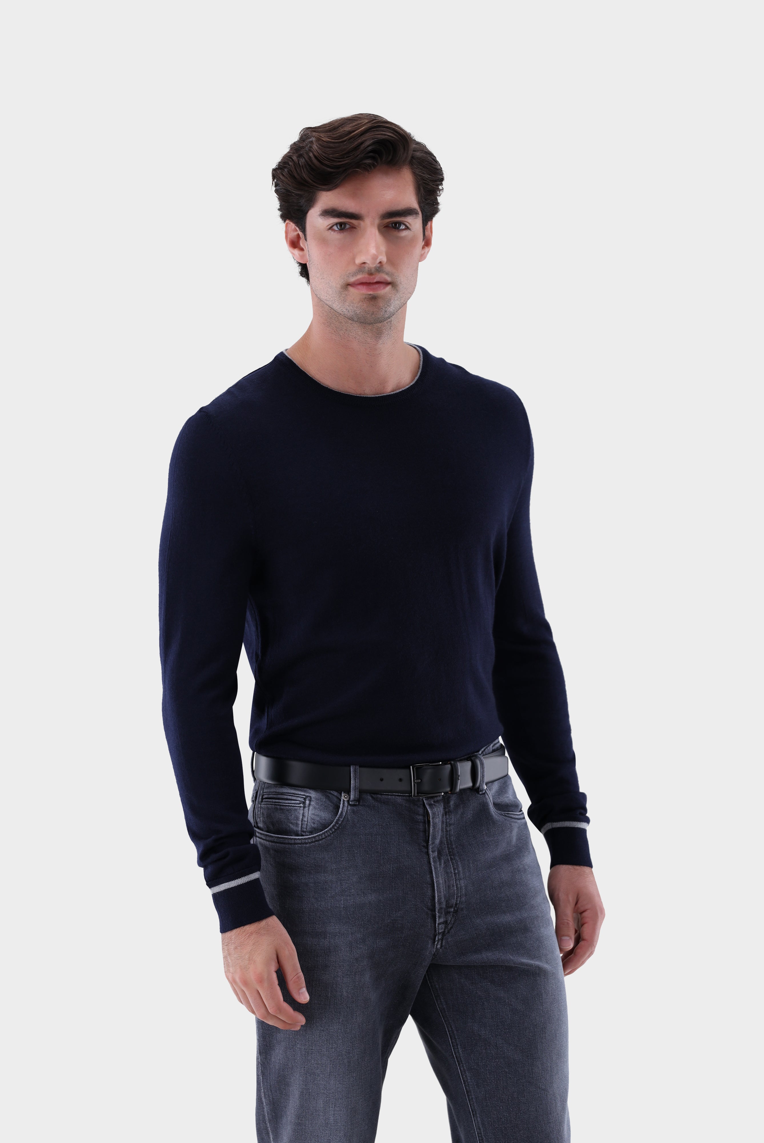 Rundhalspullover | aus merzerisierter Merinowolle mit Farbdetail-Strick & Pullover-Van Laack-OUTLET-navy-S-ARCHIVIST-ARCHIVE-SALE
