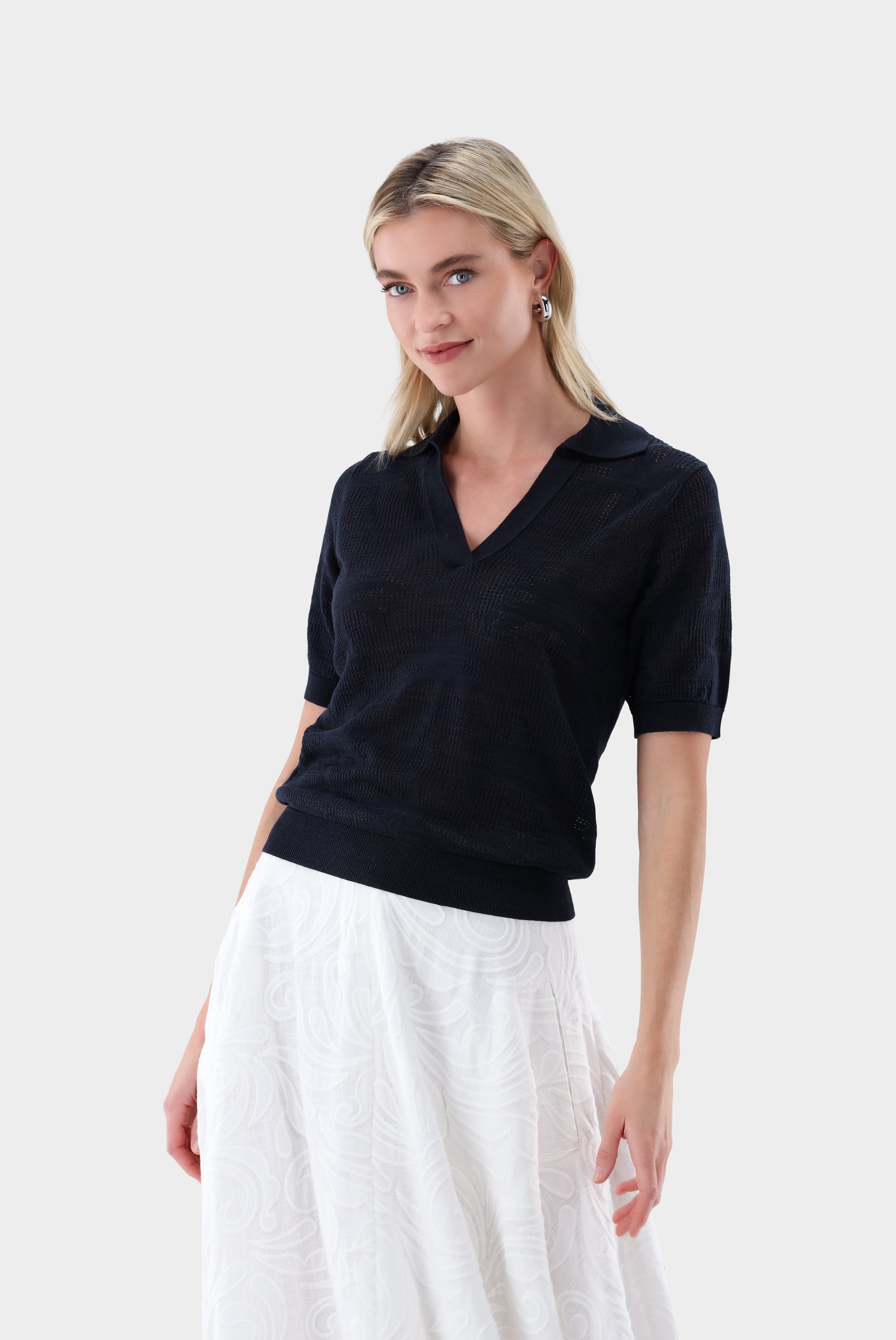 Poloshirt | aus Ajoure Strick mit Palmen Design