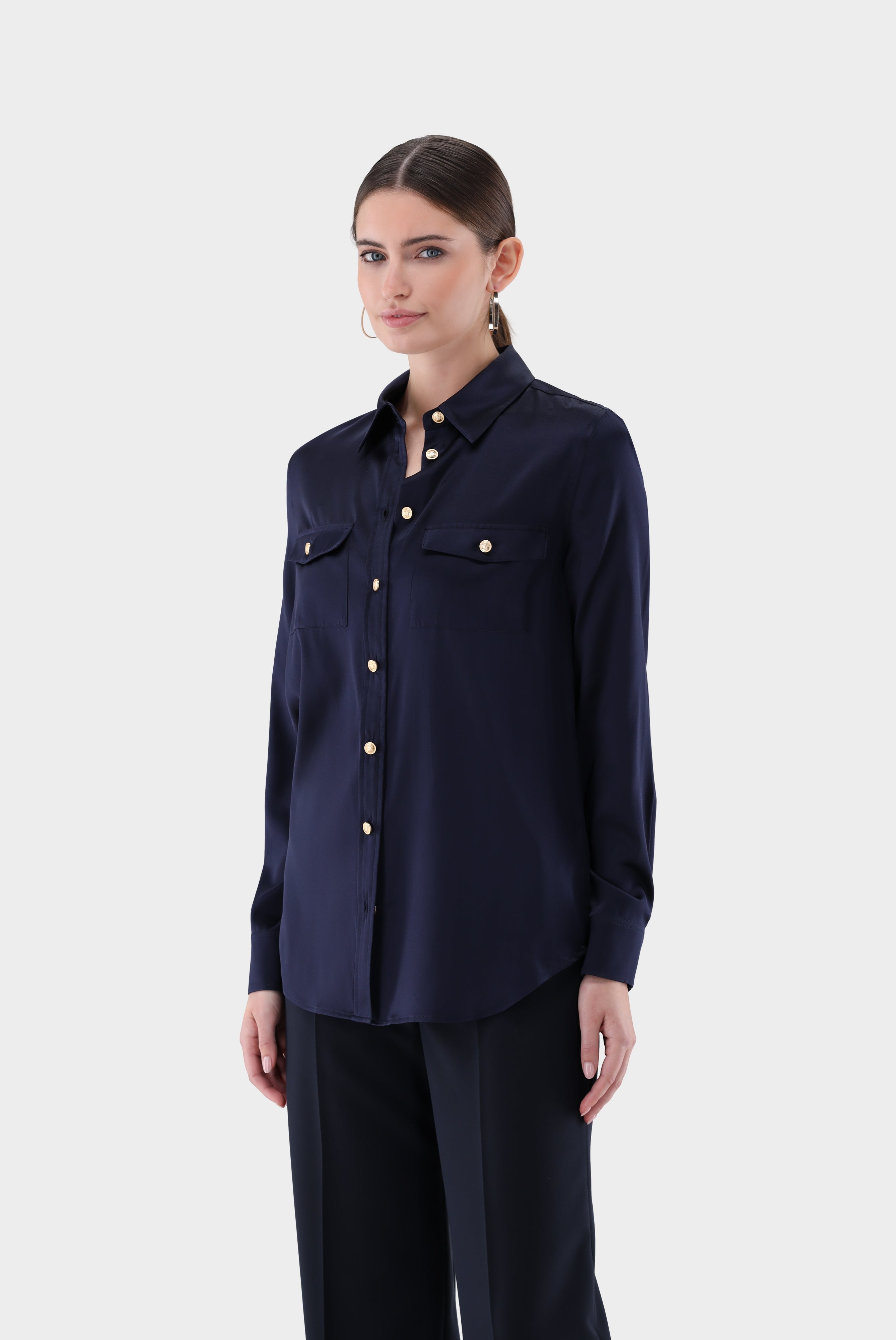 Taillierte | Hemdbluse aus Seide mit Brusttaschen-Hemden & Blusen-Van Laack-OUTLET-navy-34-ARCHIVIST-ARCHIVE-SALE