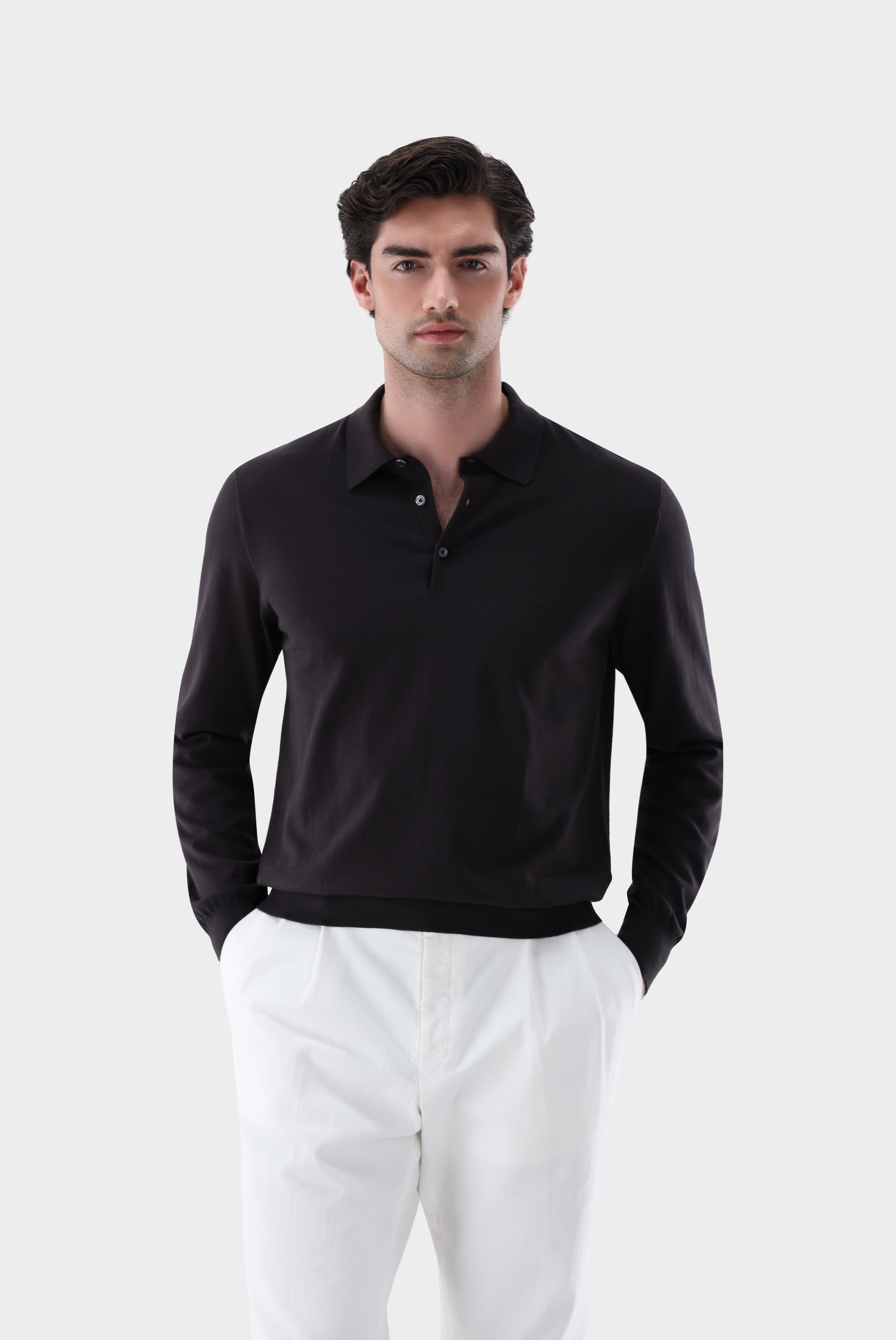 Langarm Strick-Poloshirt | mit Baumwolle und Seide