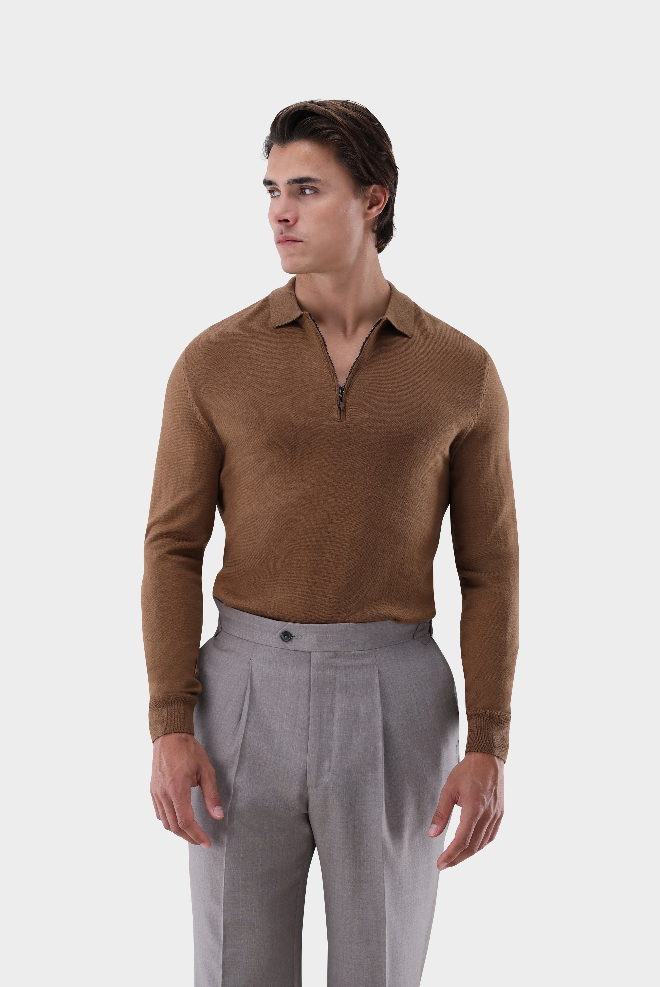 Poloshirt | Langarm mit Reißverschluss aus merzerisierter Wolle-Strick & Pullover-Van Laack-OUTLET-Beige/Braun-S-ARCHIVIST-ARCHIVE-SALE