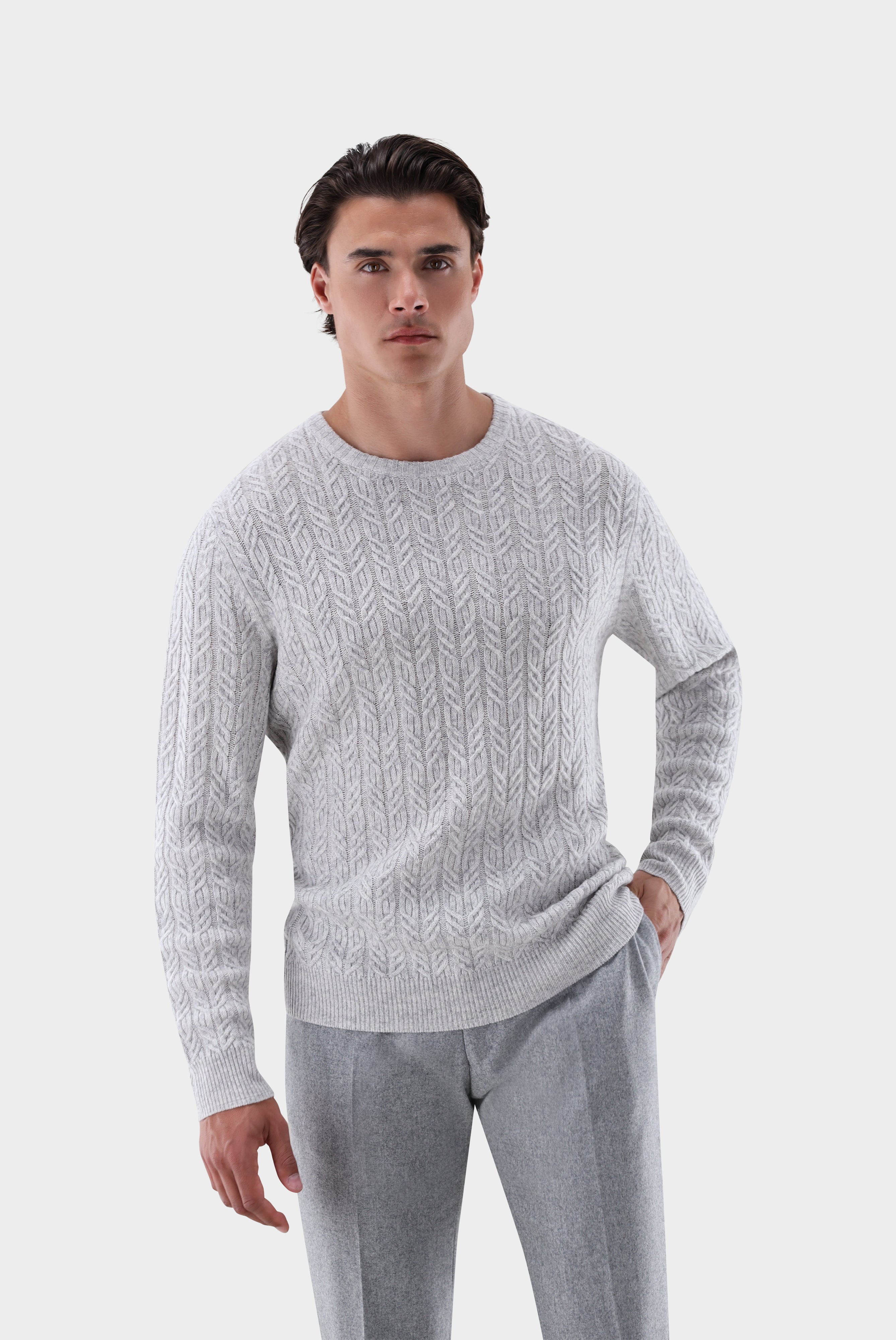 Rundhalspullover | mit Zopfstrick und Kaschmir-Strick & Pullover-Van Laack-OUTLET-Grau-S-ARCHIVIST-ARCHIVE-SALE