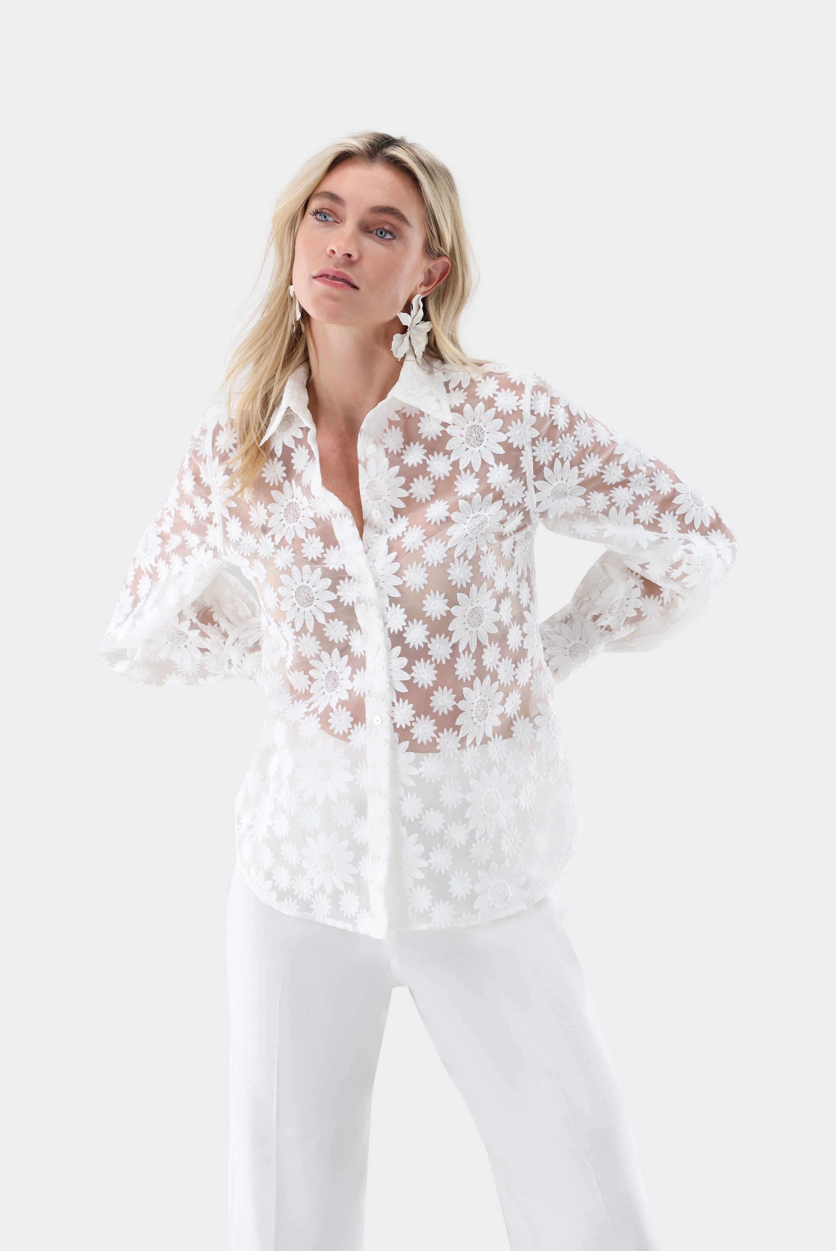 Hemdbluse | mit Blousonärmeln und besticktem Organza