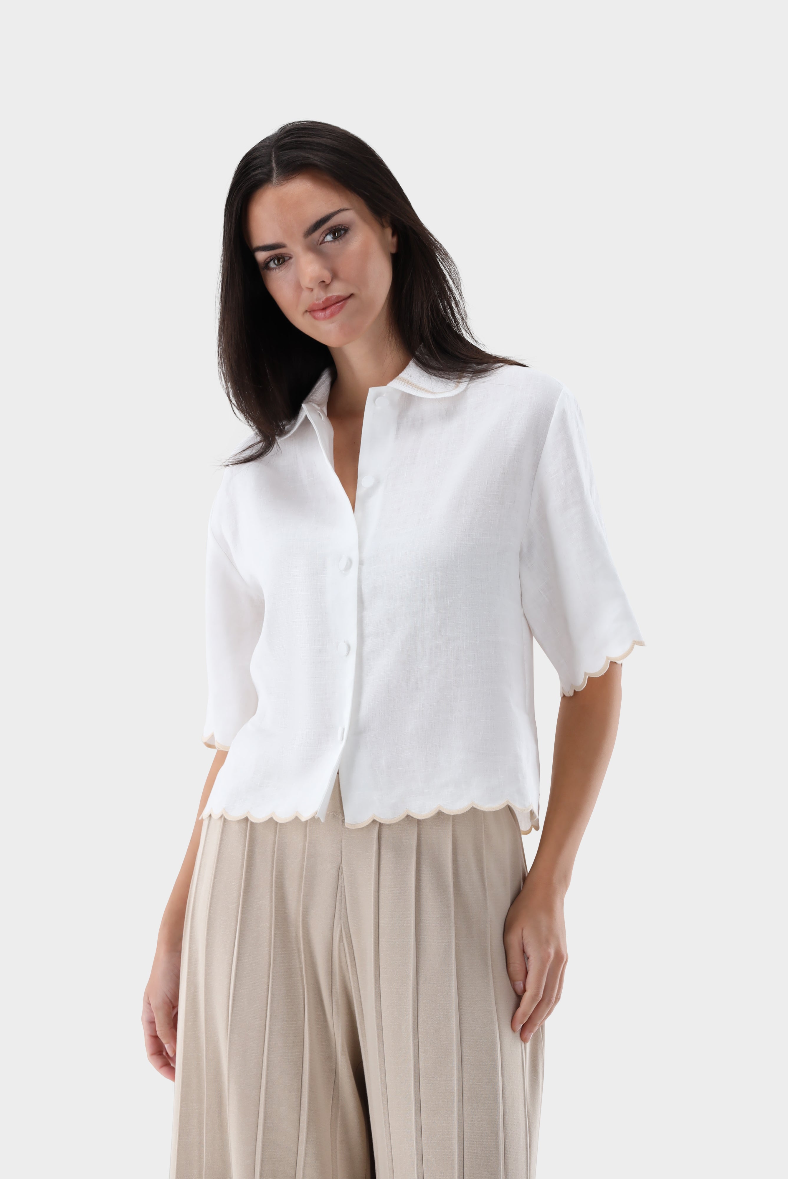 Kurzarm Hemdbluse | aus Leinen mit Häkelkragen-Hemden & Blusen-Van Laack-OUTLET-Beige-36-ARCHIVIST-ARCHIVE-SALE
