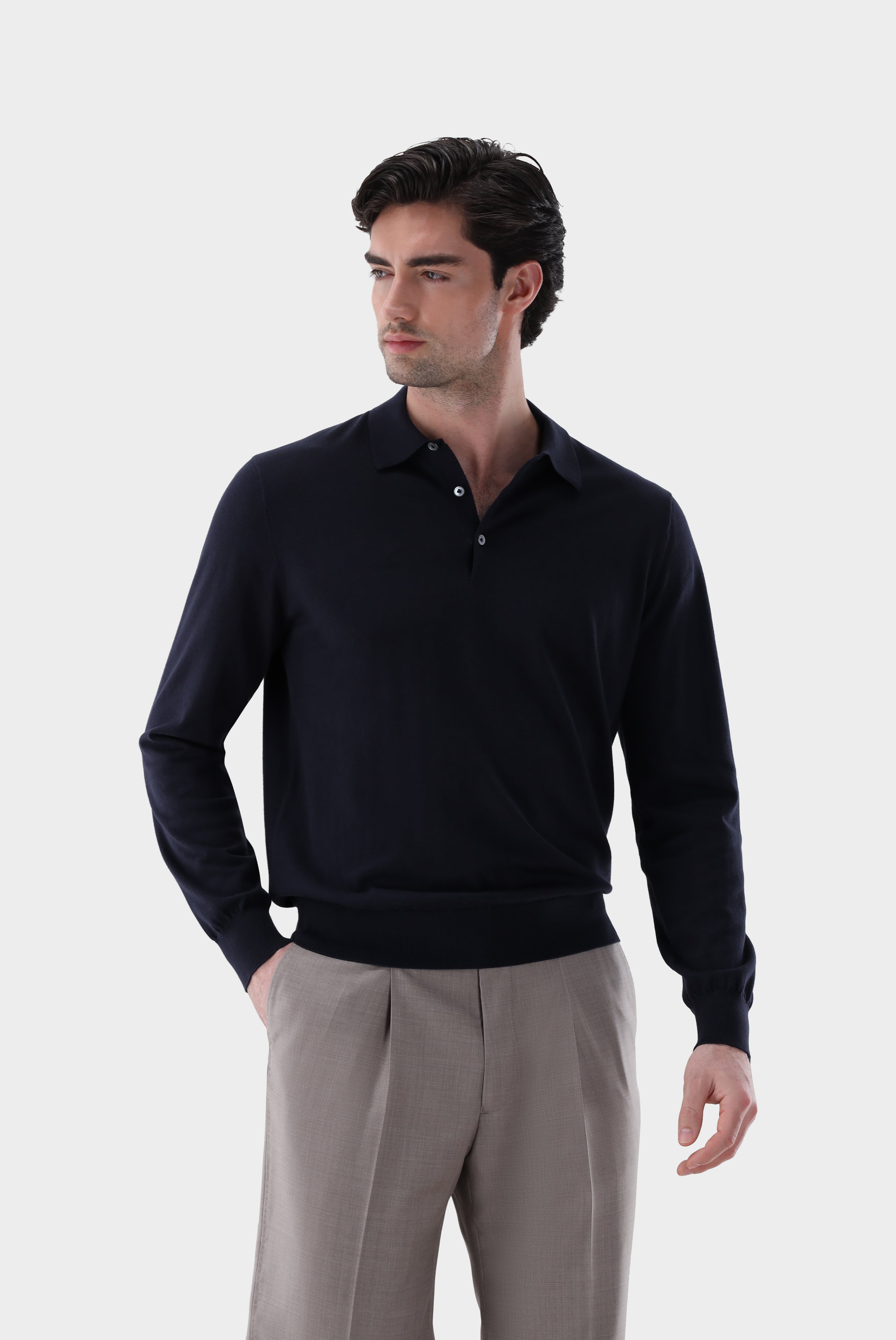 Langarm Strick-Poloshirt | mit Baumwolle und Seide