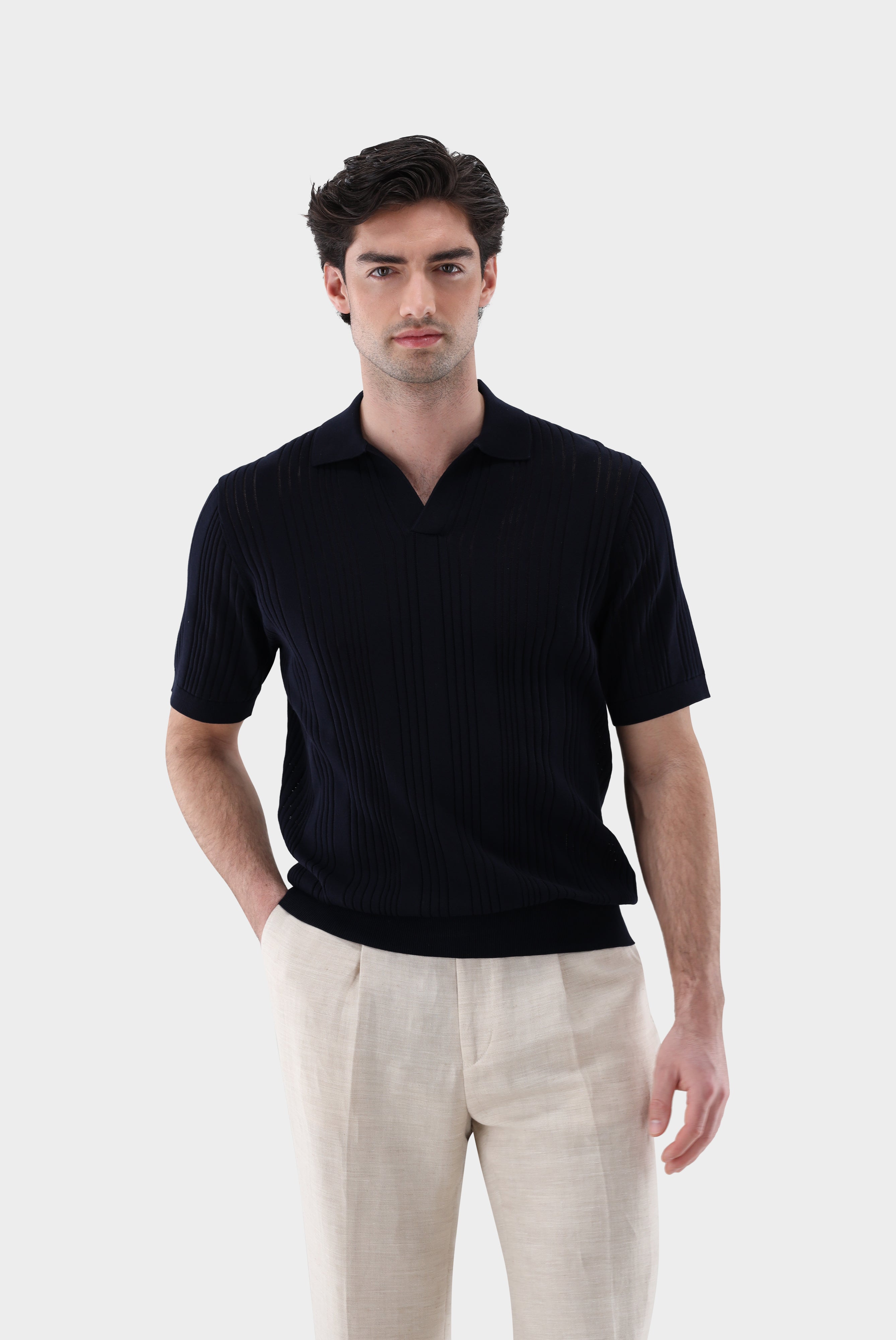 V-Neck Poloshirt | mit Streifen-Struktur aus Air Cotton