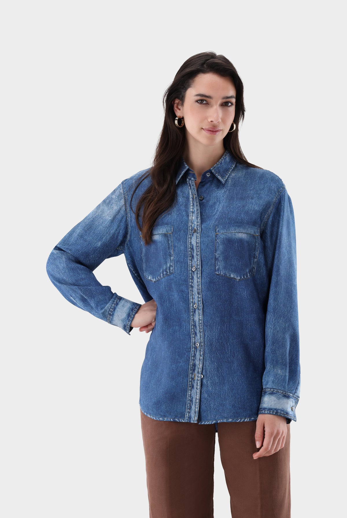 Hemdbluse aus Seide | mit Denim-Print
