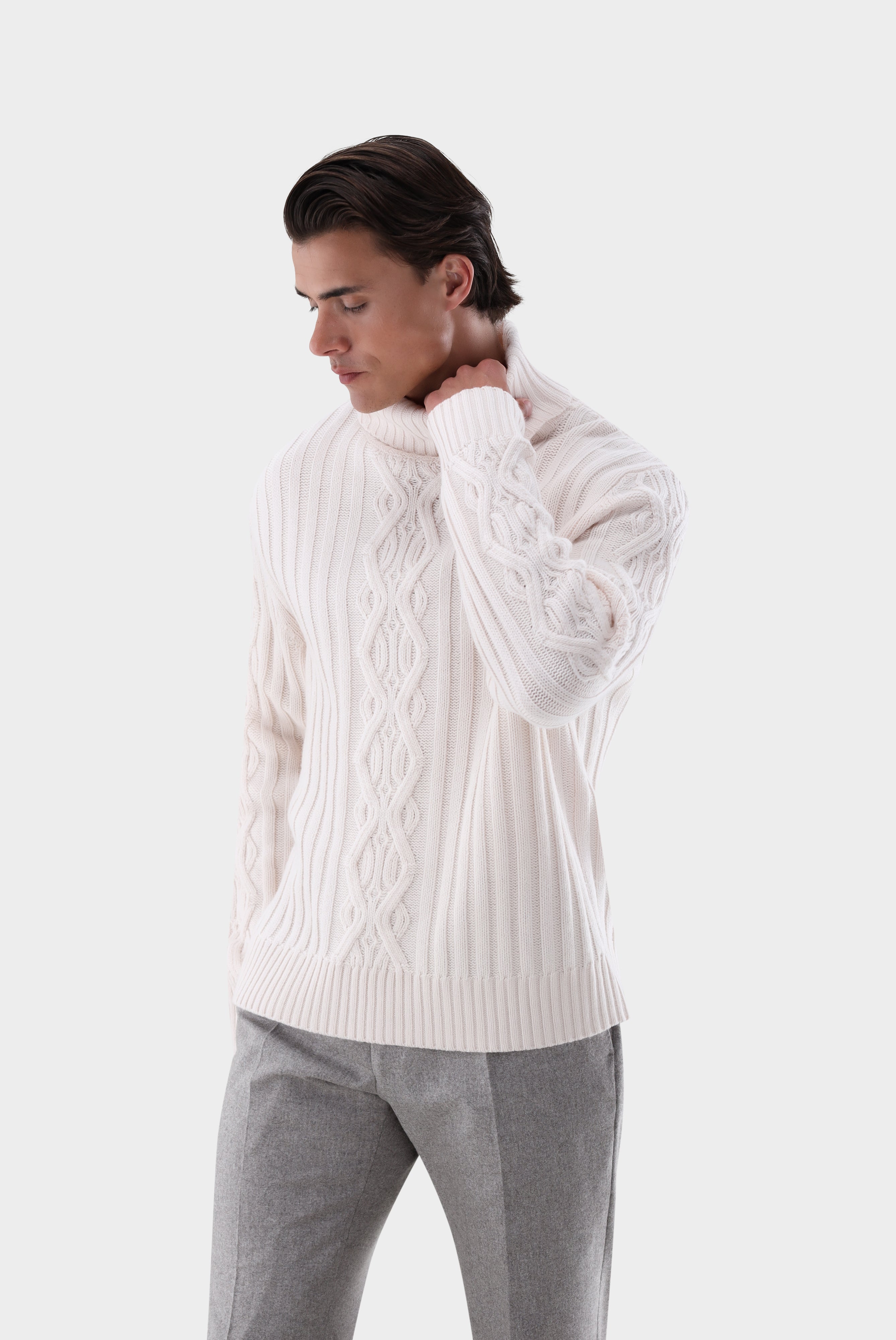 Rollkragenpullover | mit Kaschmir und Zopfmuster-Strick & Pullover-Van Laack-OUTLET-Beige-S-ARCHIVIST-ARCHIVE-SALE
