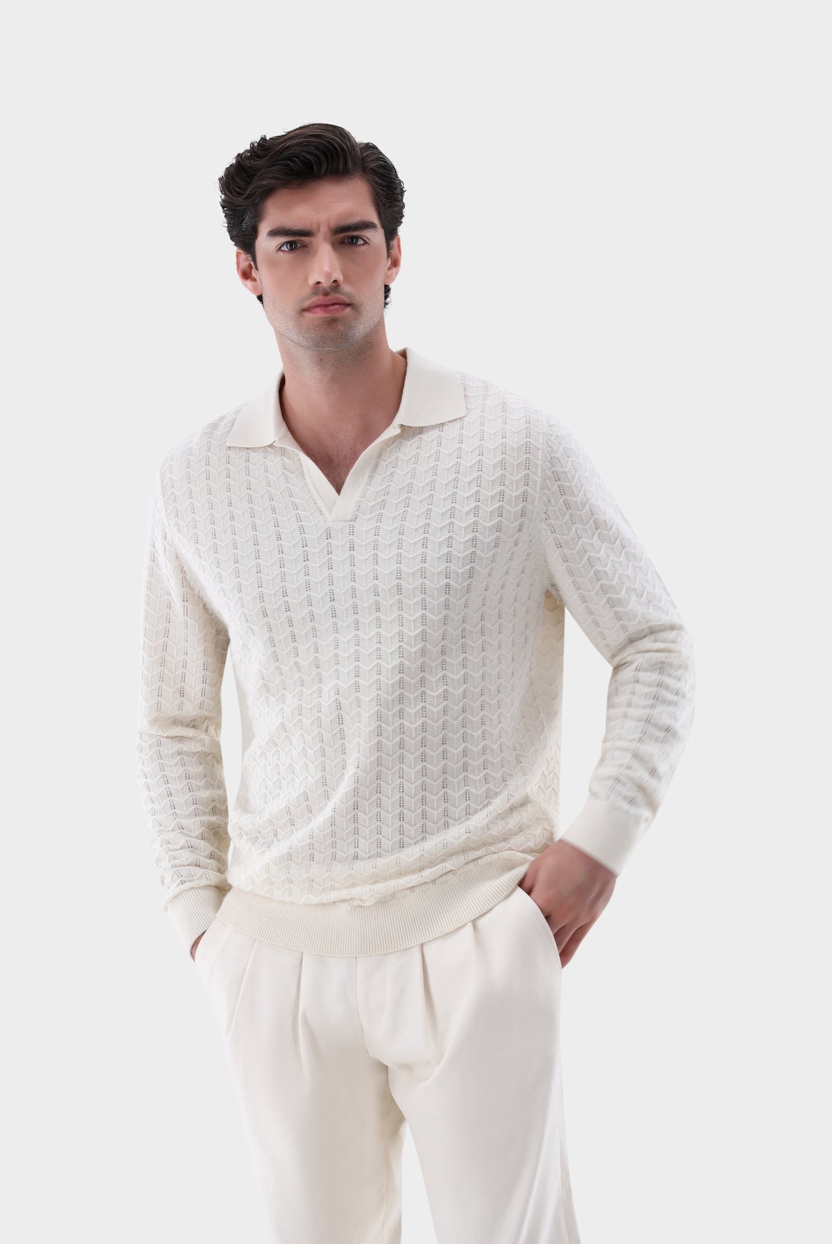 Poloshirt | gestrickt mit V-Neck und Struktur-Strick & Pullover-Van Laack-OUTLET-Beige-L-ARCHIVIST-ARCHIVE-SALE