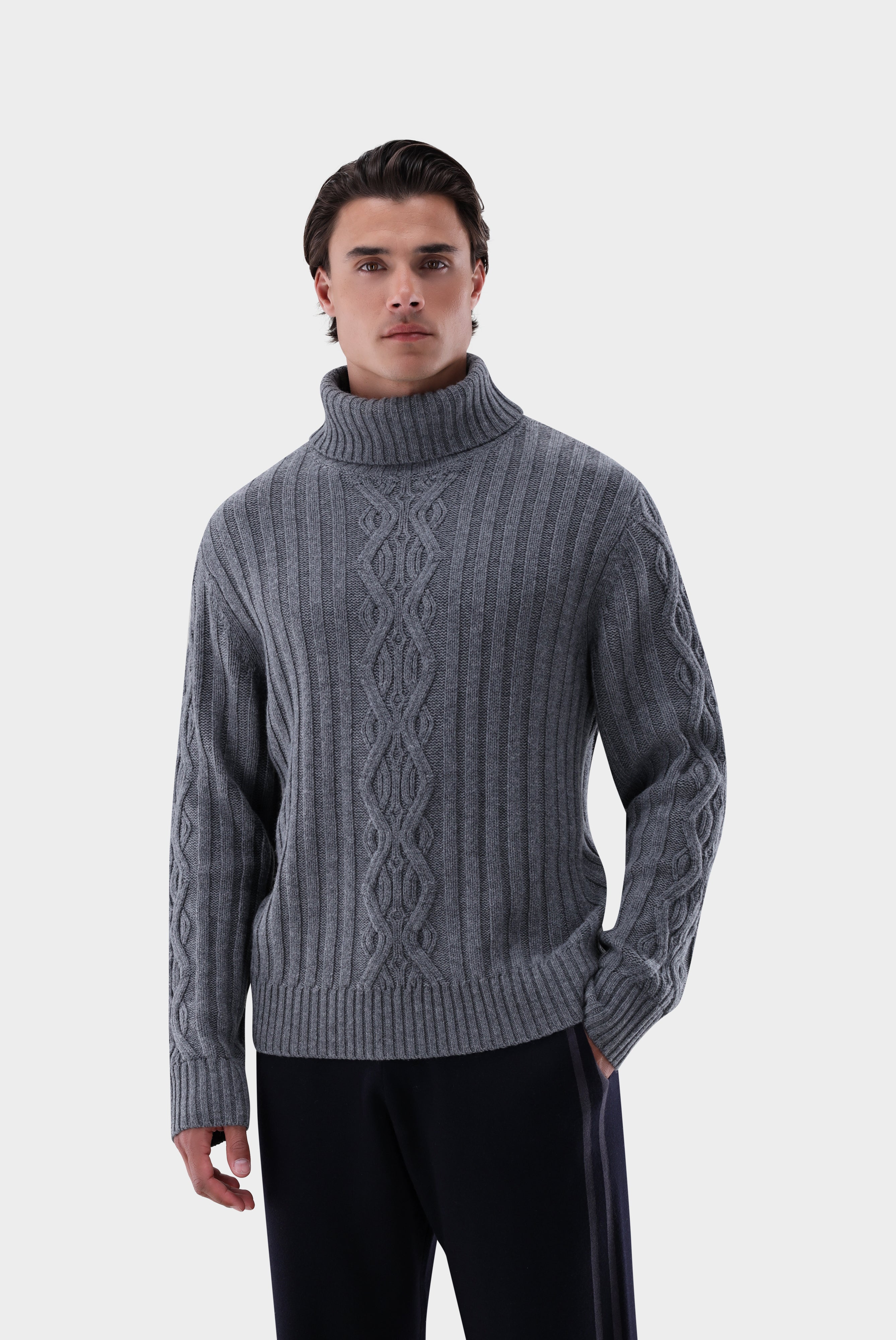 Rollkragenpullover | mit Kaschmir und Zopfmuster-Strick & Pullover-Van Laack-OUTLET-grau-meliert-S-ARCHIVIST-ARCHIVE-SALE