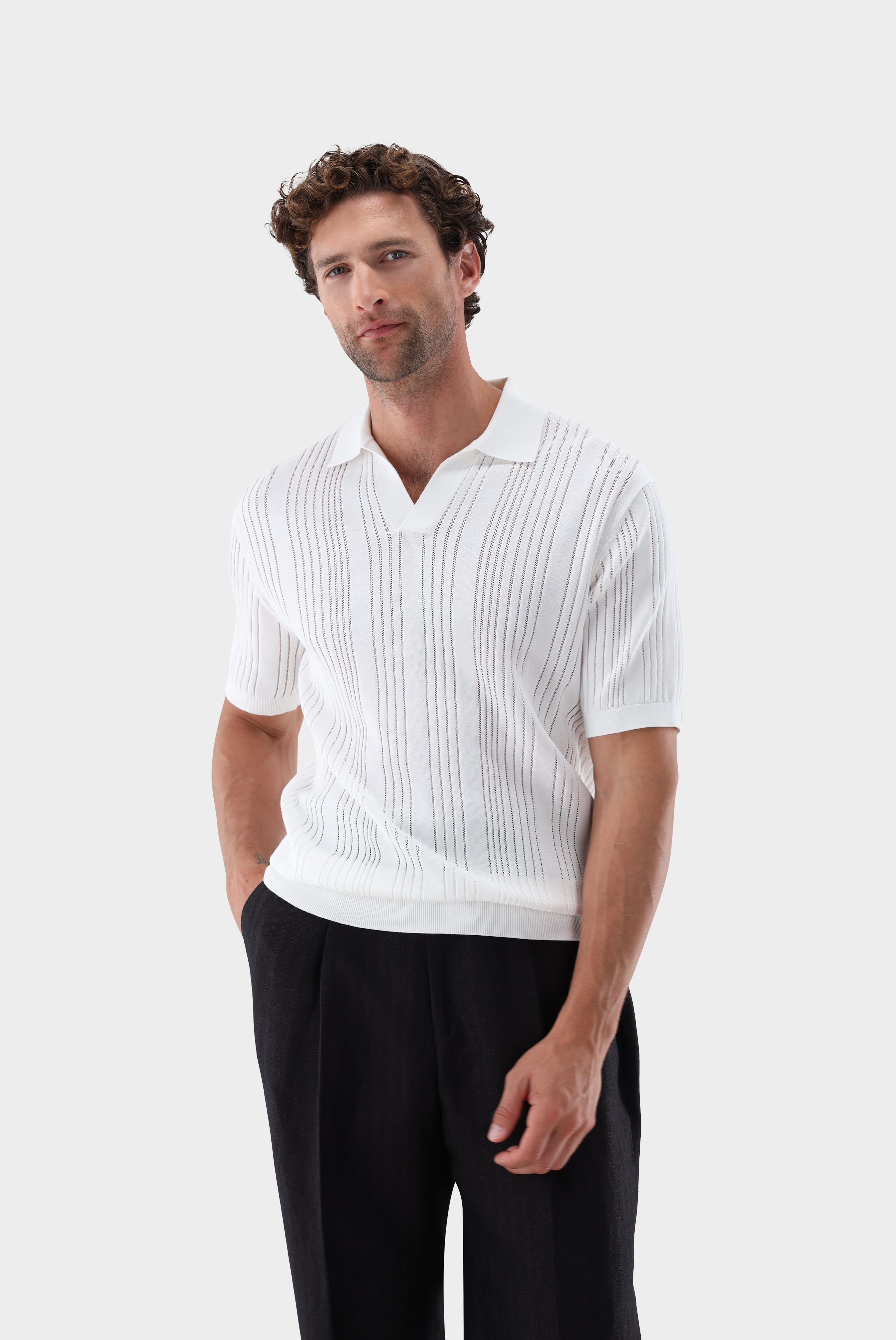 V-Neck Poloshirt | mit Streifen-Struktur aus Air Cotton