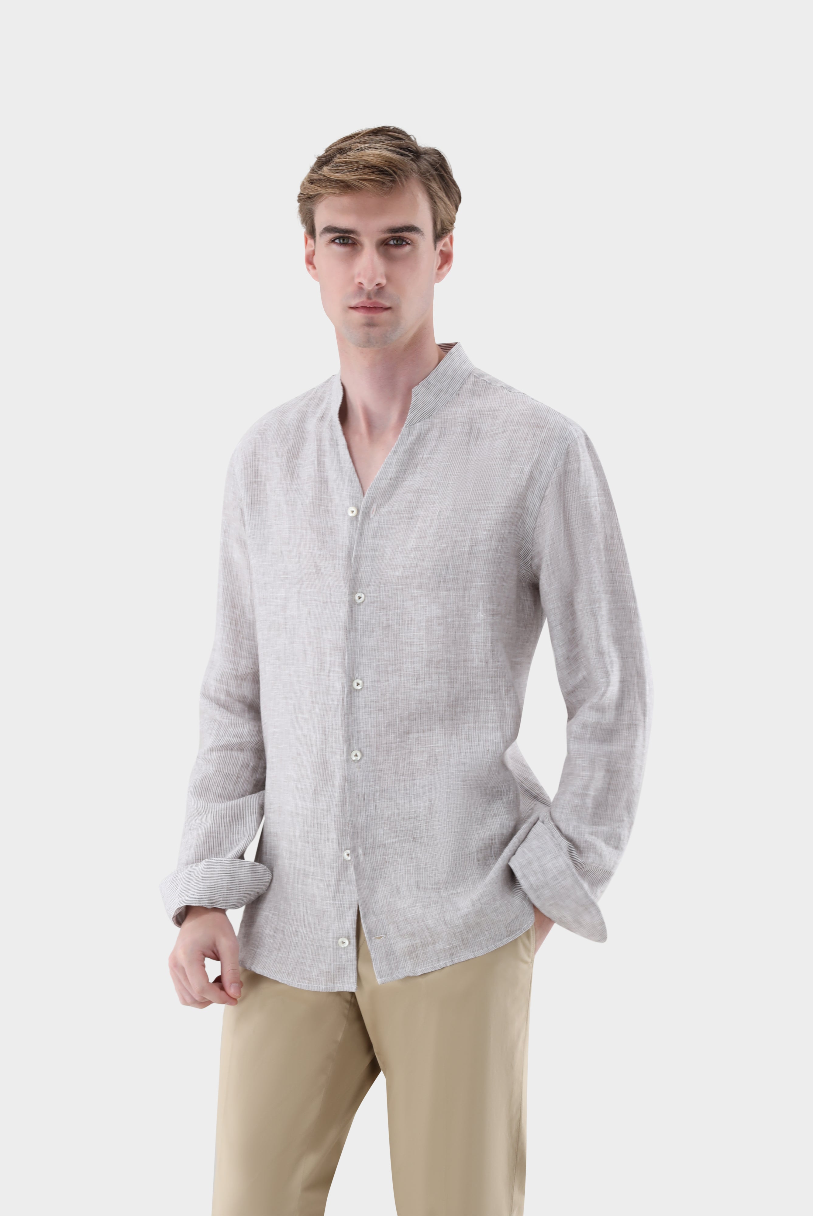 Gestreiftes Leinenhemd | mit Stehkragen-Hemden & Blusen-Van Laack-OUTLET-Braun-L-ARCHIVIST-ARCHIVE-SALE