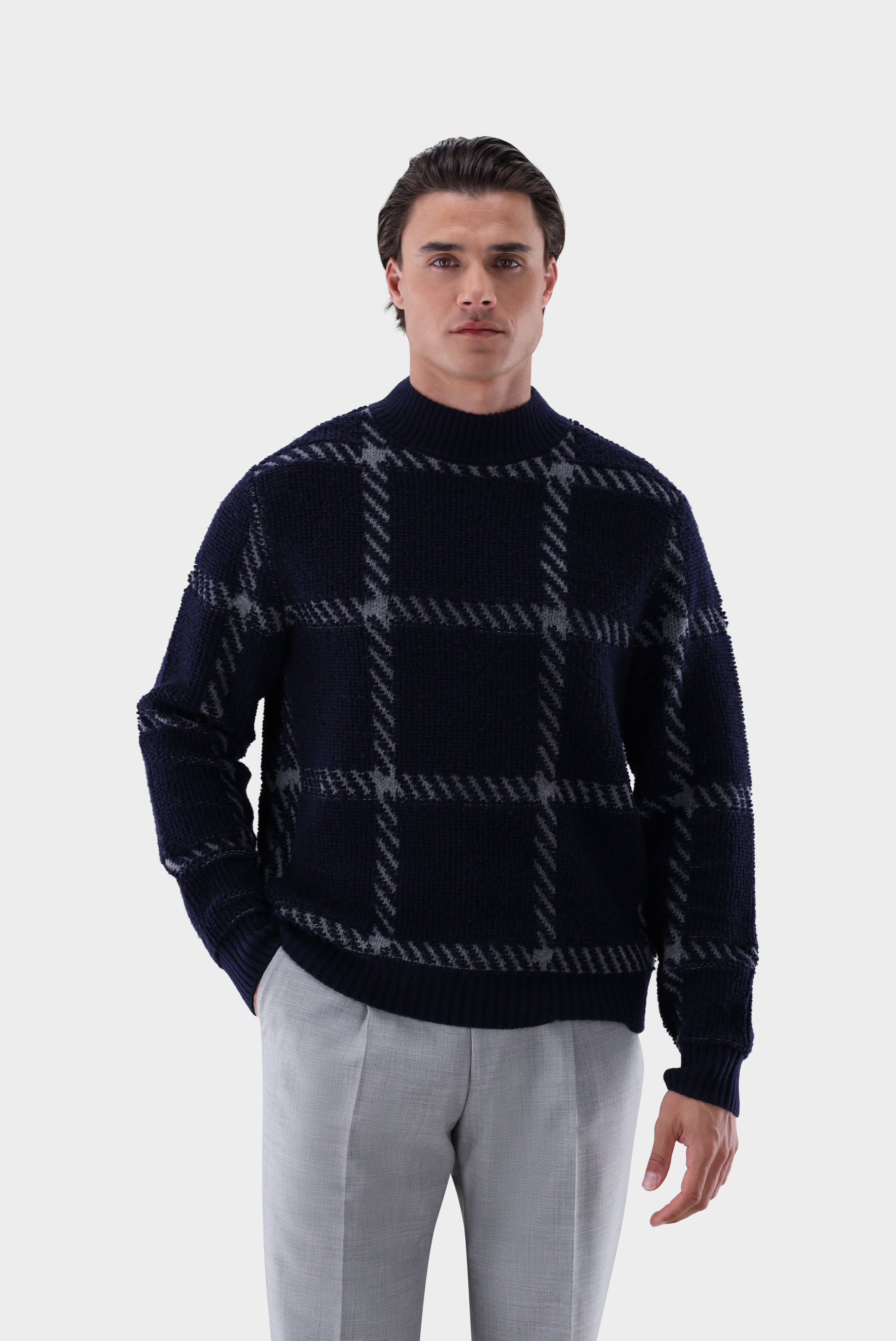 Stehkragenpullover | mit Jacquard-Karomuster-Strick & Pullover-Van Laack-OUTLET-navy-S-ARCHIVIST-ARCHIVE-SALE