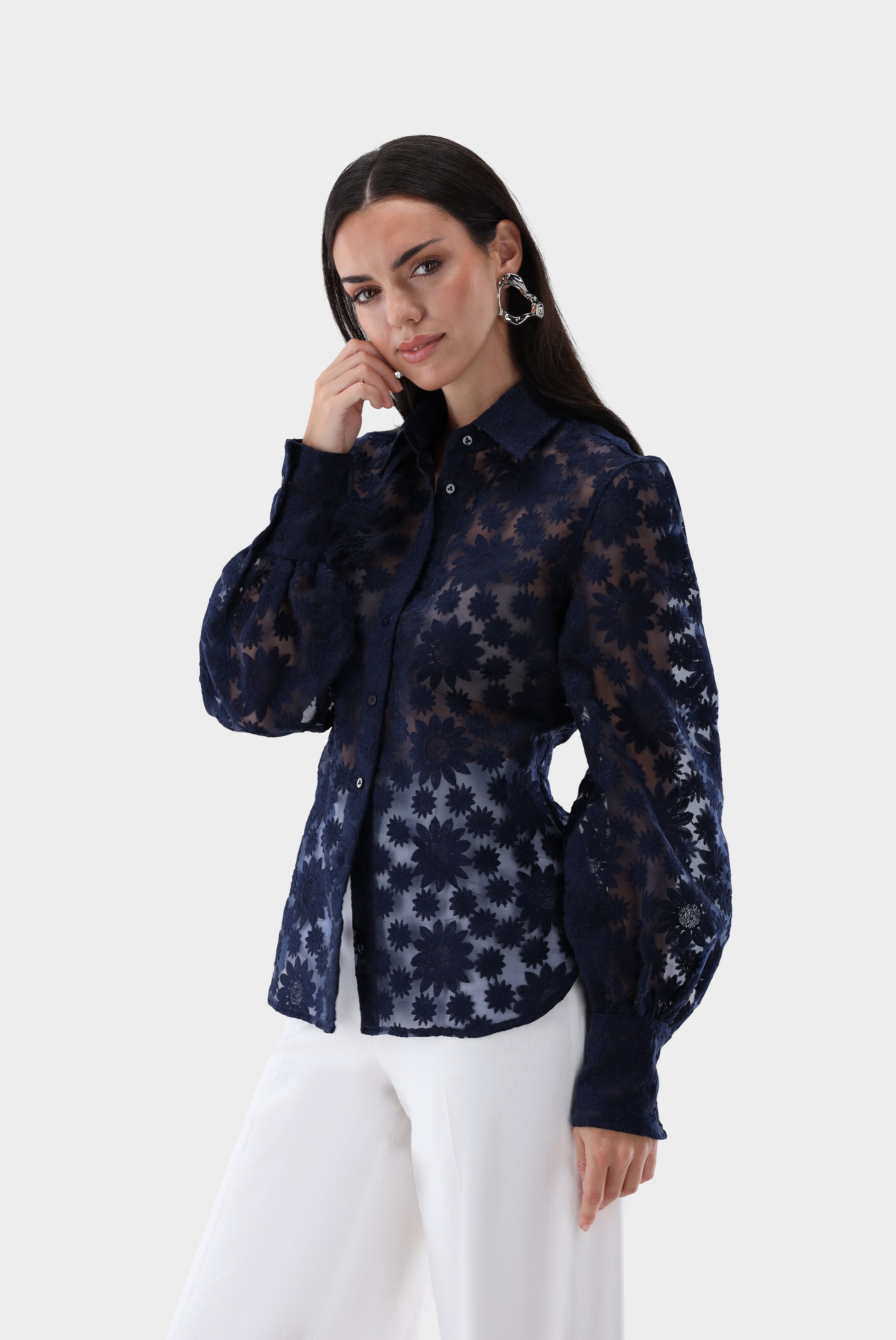 Hemdbluse | mit Blousonärmeln und besticktem Organza