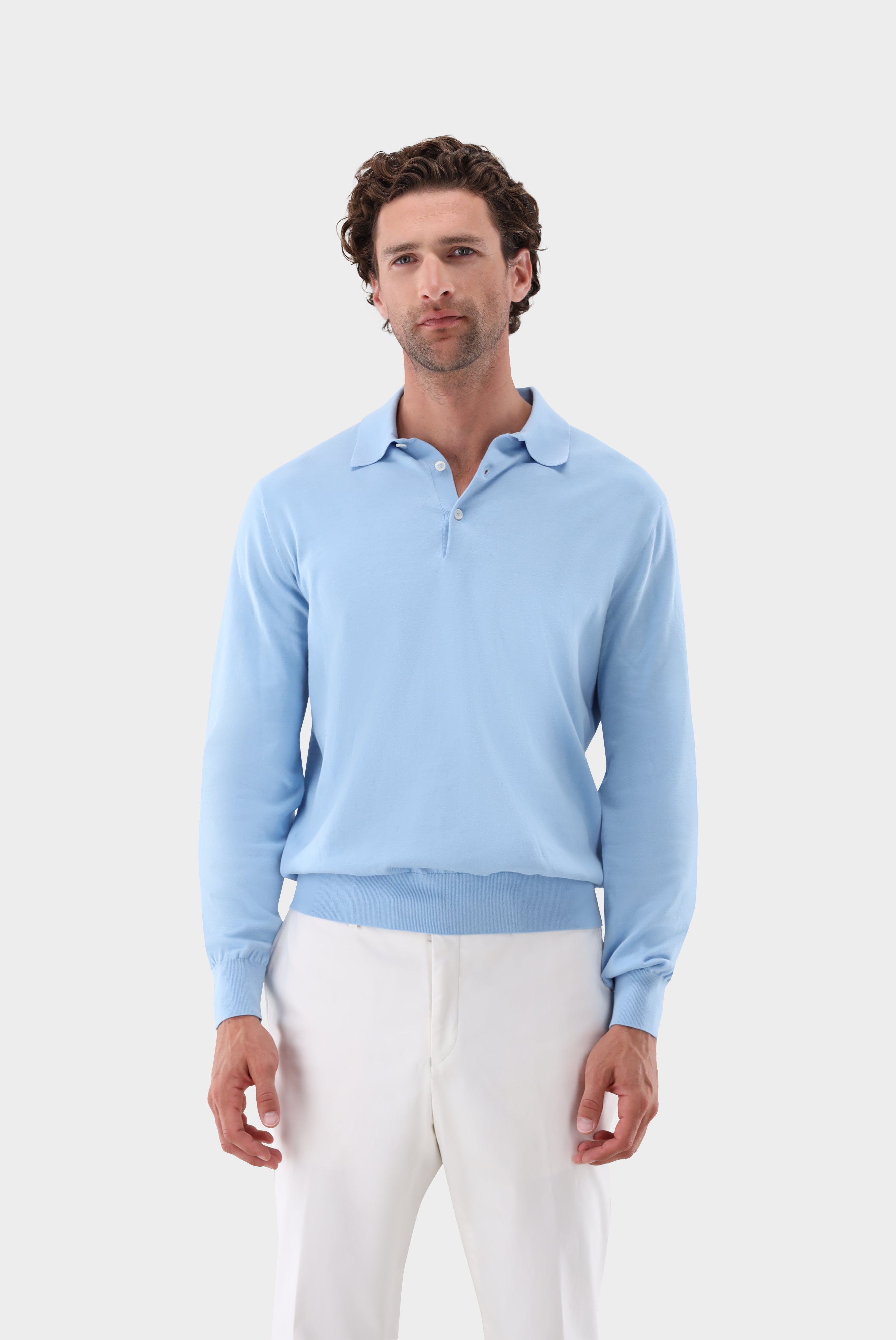Langarm Strick-Poloshirt | mit Baumwolle und Seide-Strick & Pullover-Van Laack-OUTLET-Hellblau-L-ARCHIVIST-ARCHIVE-SALE