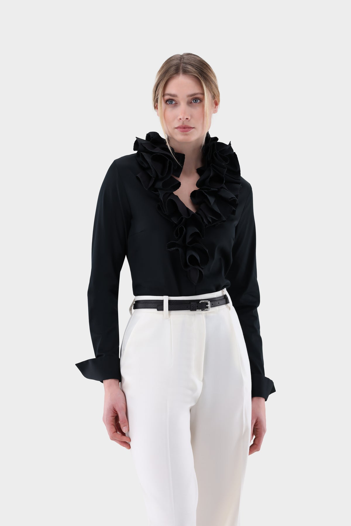 Bluse | mit Rüschen und Stretch-Hemden & Blusen-Van Laack-OUTLET-schwarz-32-ARCHIVIST-ARCHIVE-SALE