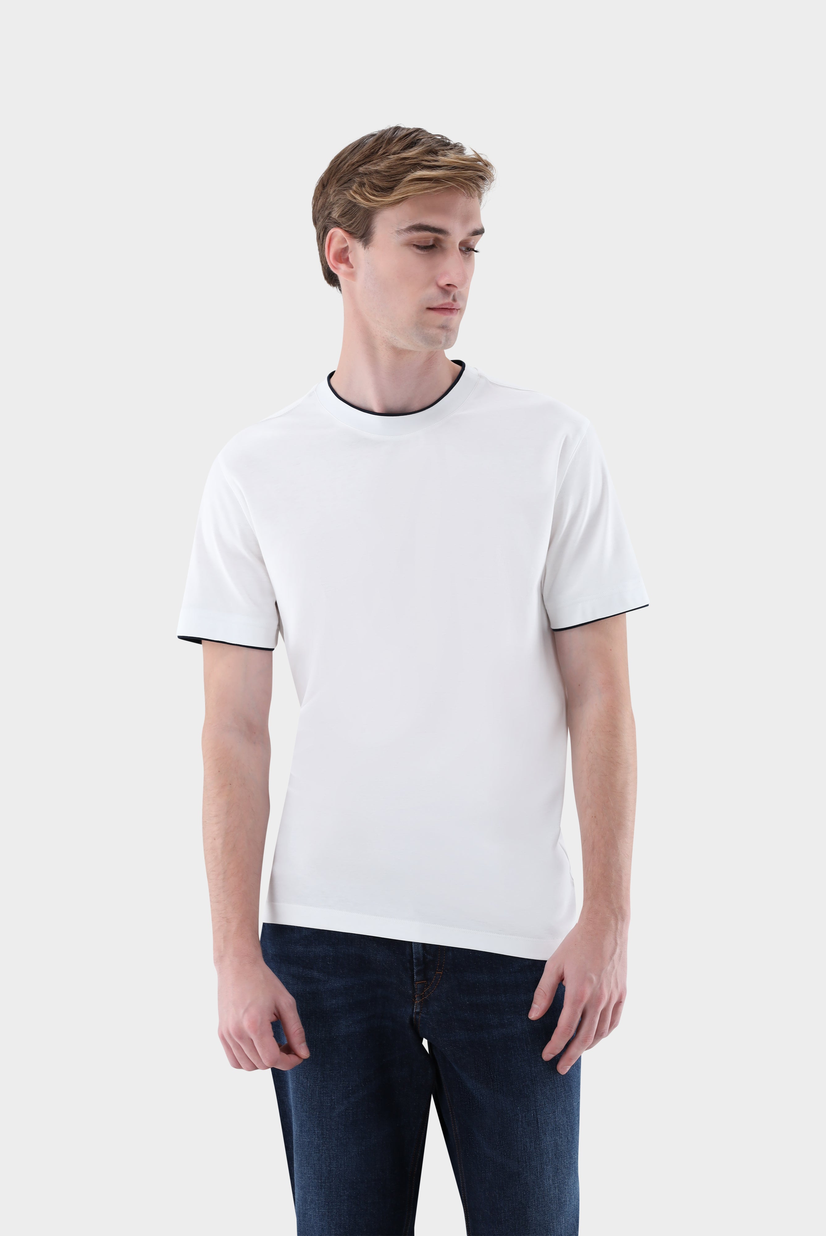 T-Shirt | Regular Fit mit Paspel-Shirts-Van Laack-OUTLET-Weiß Blau-L-ARCHIVIST-ARCHIVE-SALE