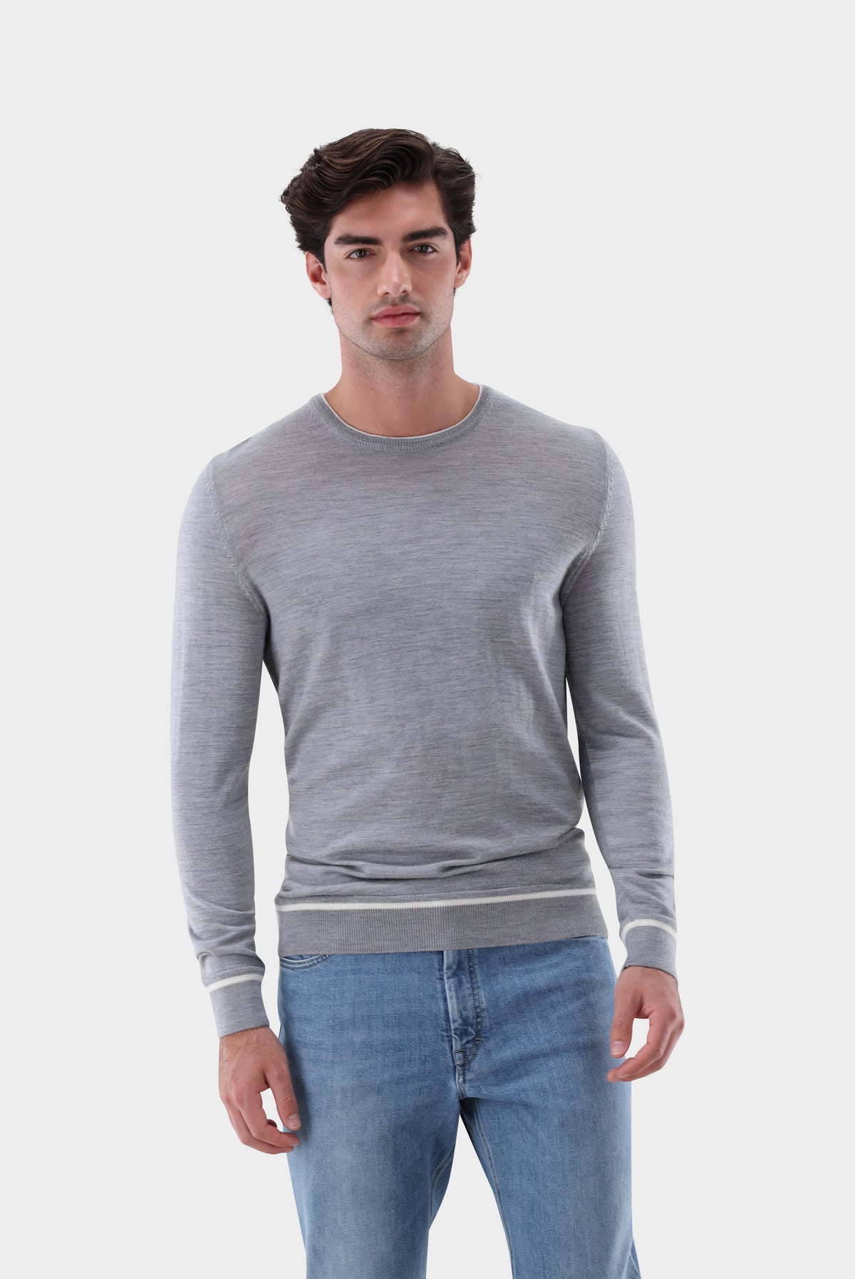 Rundhalspullover | aus merzerisierter Merinowolle mit Farbdetail-Strick & Pullover-Van Laack-OUTLET-Grau-L-ARCHIVIST-ARCHIVE-SALE