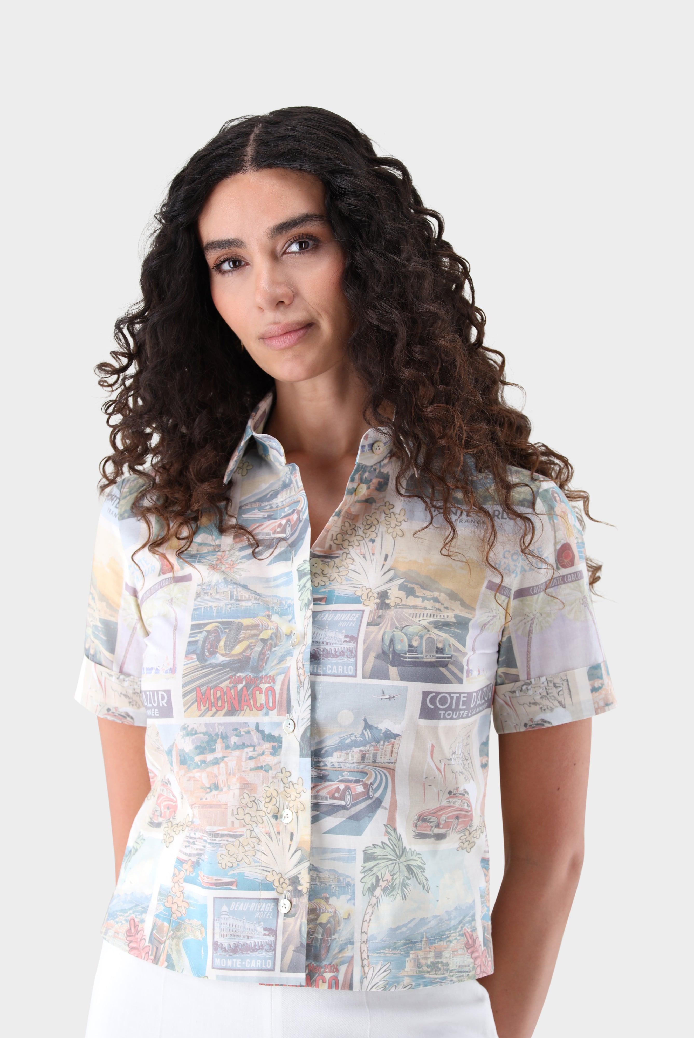Kurzarm Hemdbluse | mit Postkaten-Druck