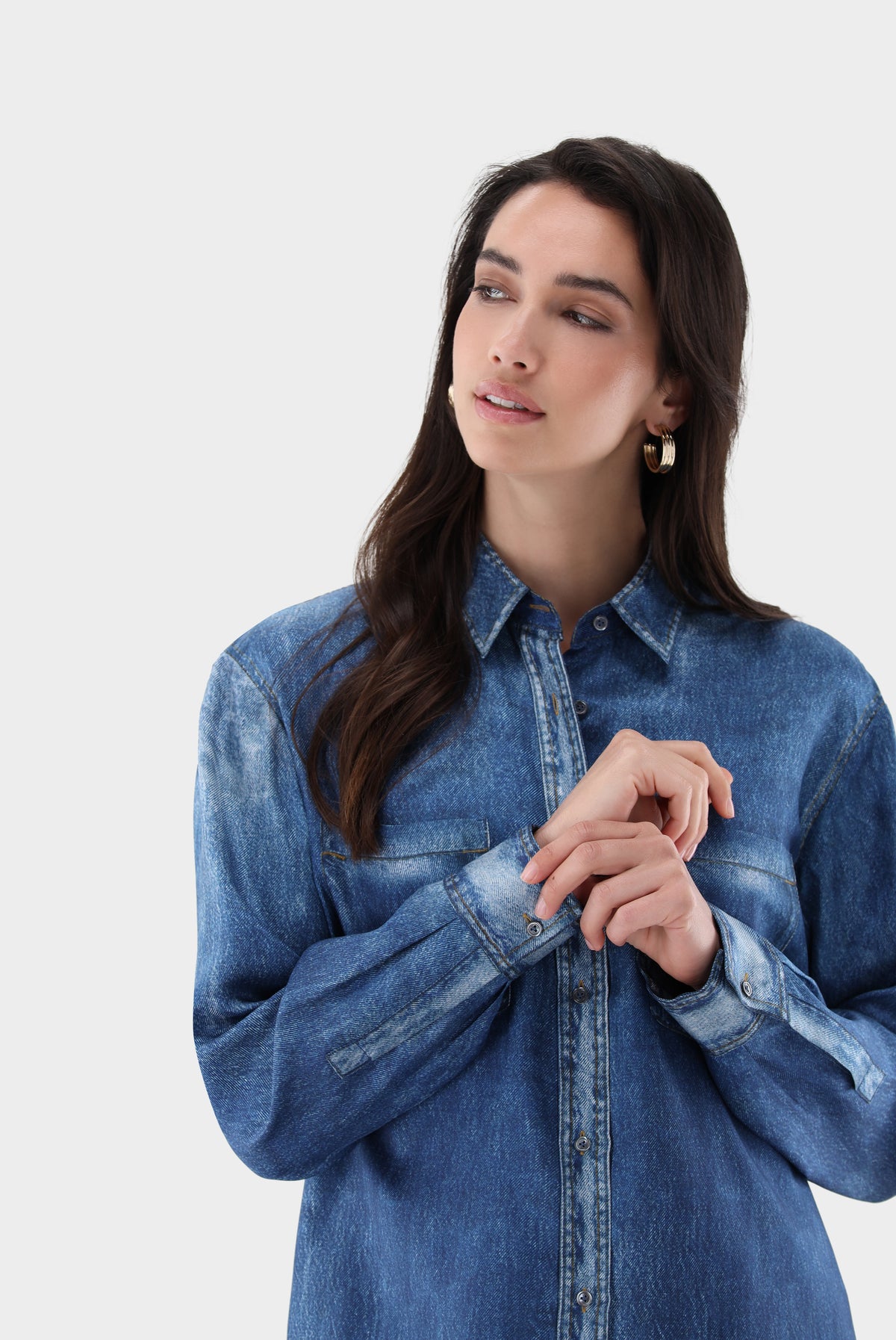 Hemdbluse aus Seide | mit Denim-Print