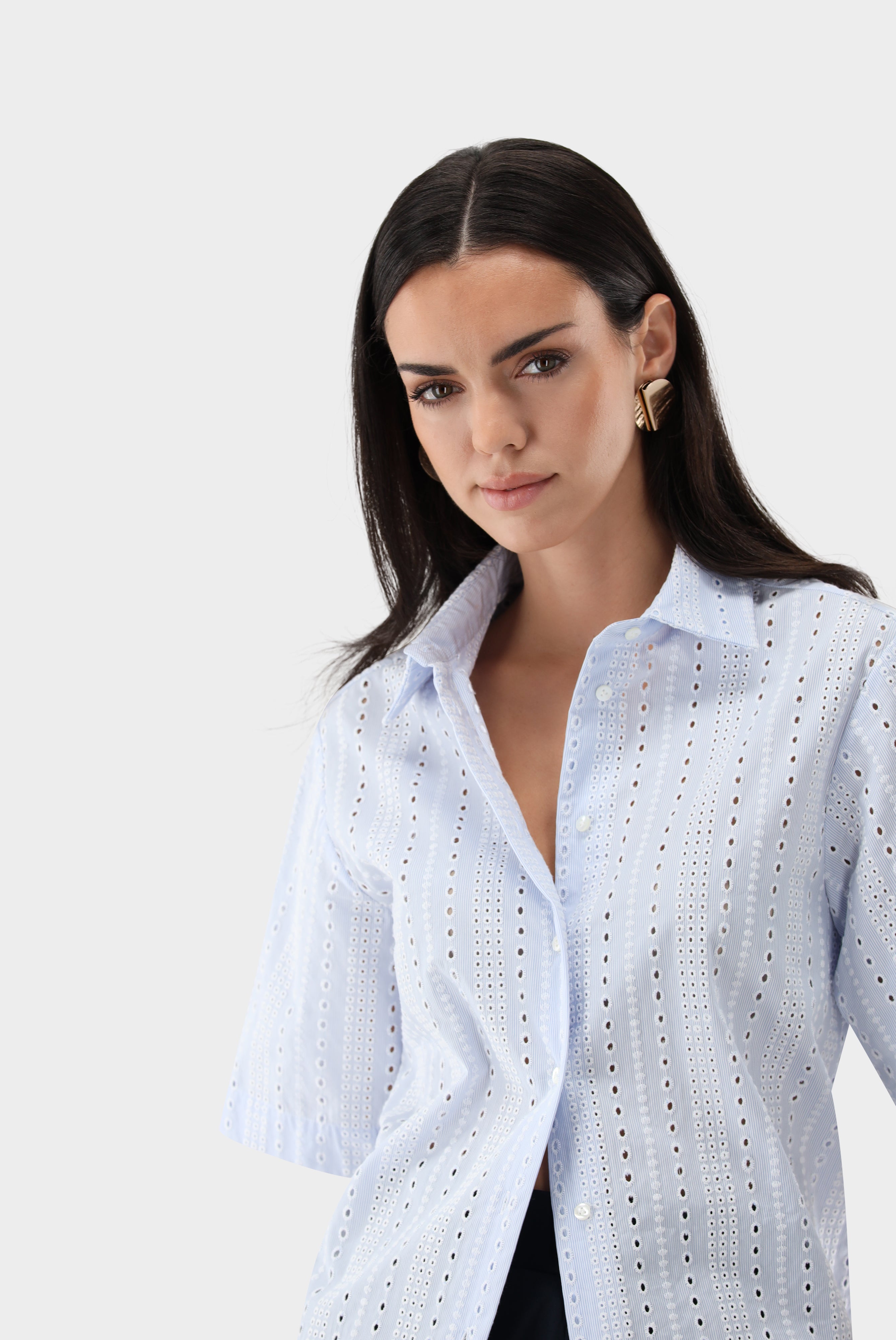 Kurzarm Hemdbluse | gestreift mit Lochstickerei-Hemden & Blusen-Van Laack-OUTLET-ARCHIVIST-ARCHIVE-SALE