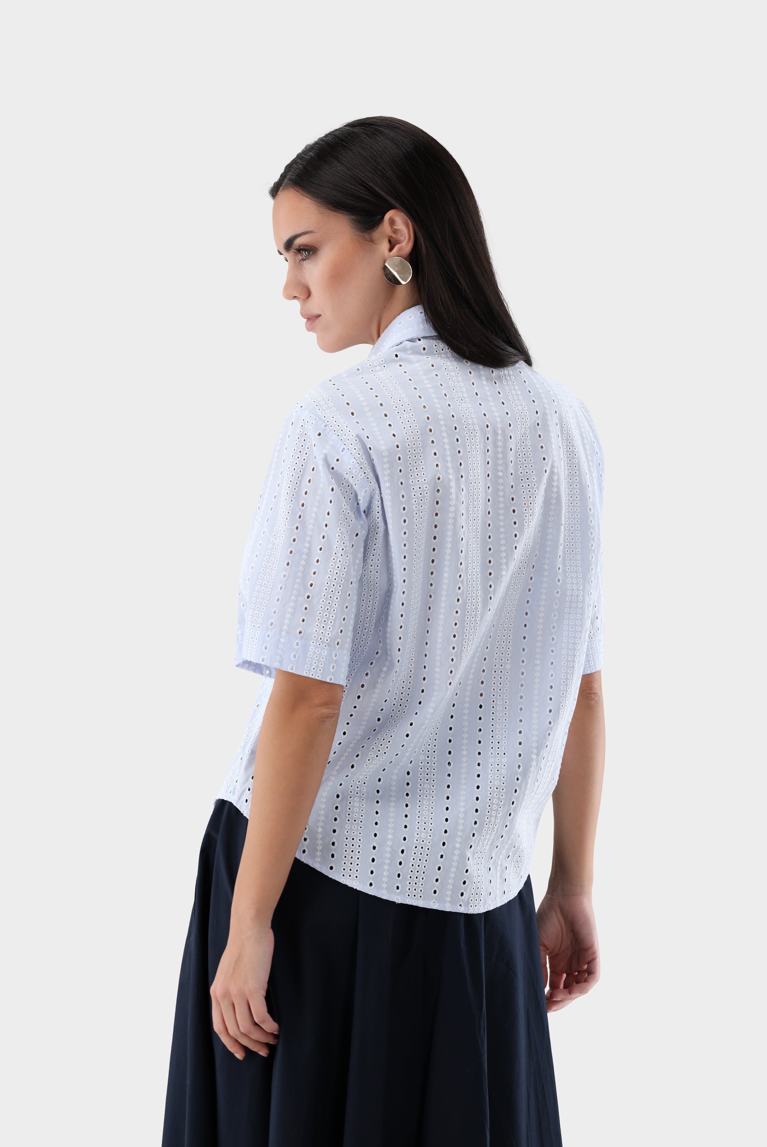 Kurzarm Hemdbluse | gestreift mit Lochstickerei-Hemden & Blusen-Van Laack-OUTLET-ARCHIVIST-ARCHIVE-SALE