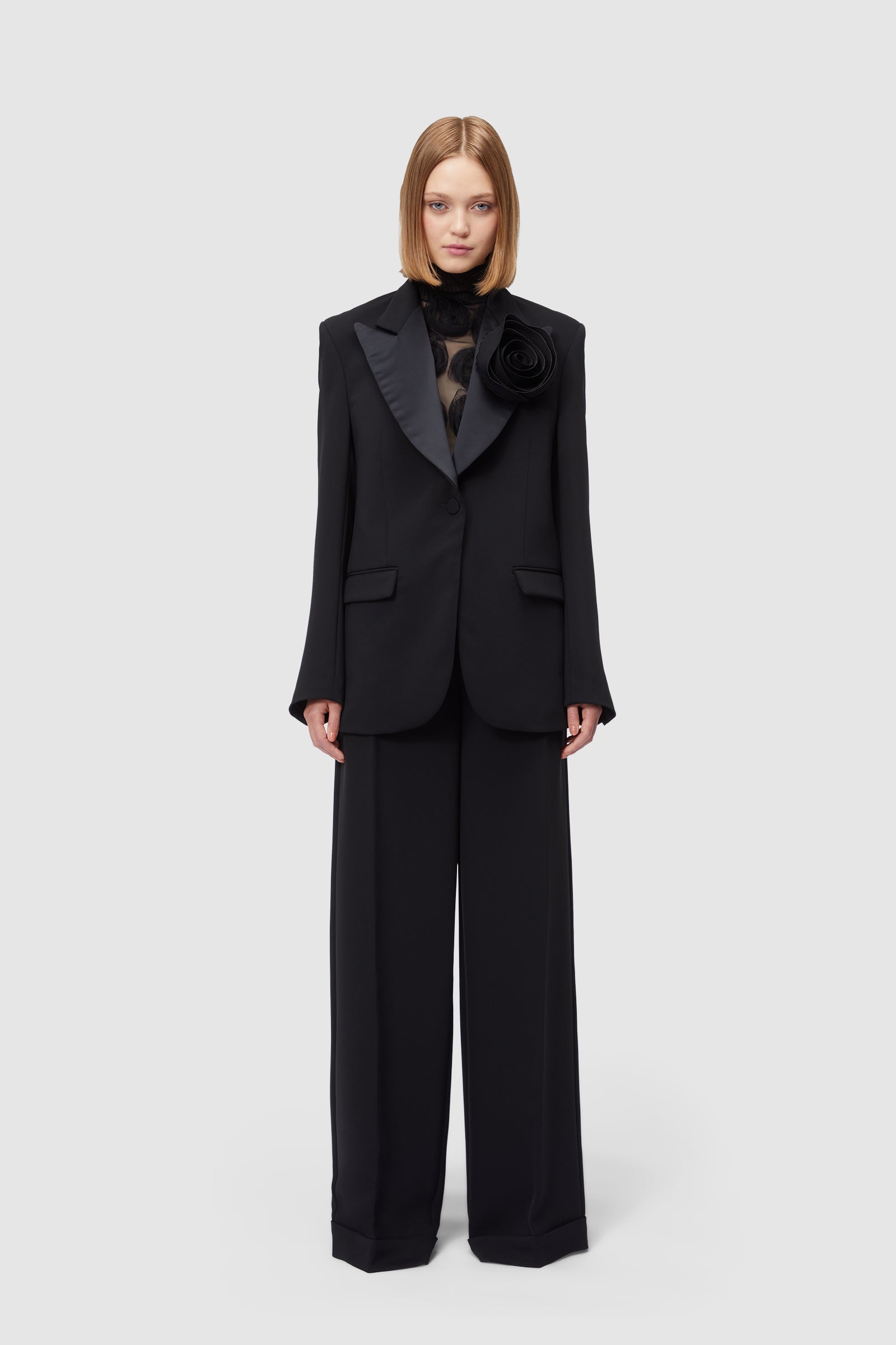 Viktor & Rolf-ROSE APPLIQUE BLACK TUXEDO BLAZER-Jacken & Mäntel-Black-Deal-Outlet-by-ARCHIVIST