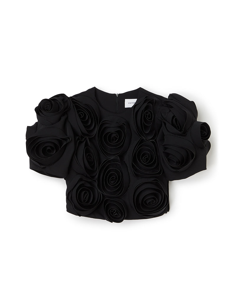 Viktor & Rolf-ROSE APPLIQUE BLACK CROPPED TOP-Shirts-Black-Deal-Outlet-by-ARCHIVIST