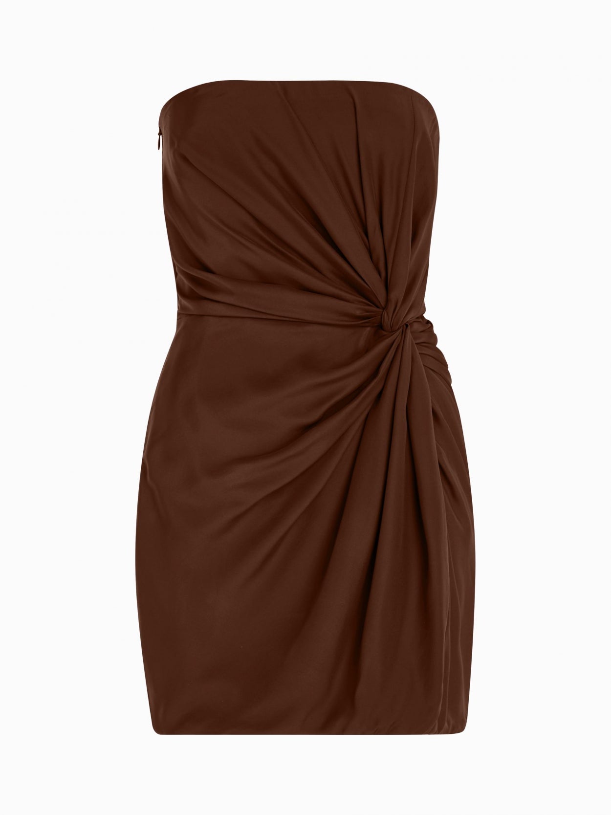 front packshot of a brown mini silk dress with knot detail