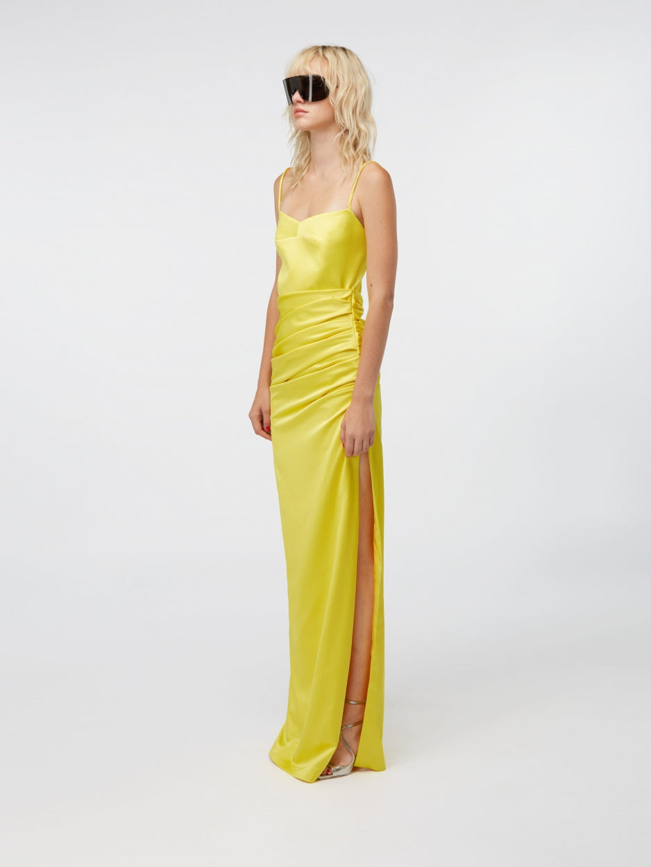 yellow long maxi dress satin