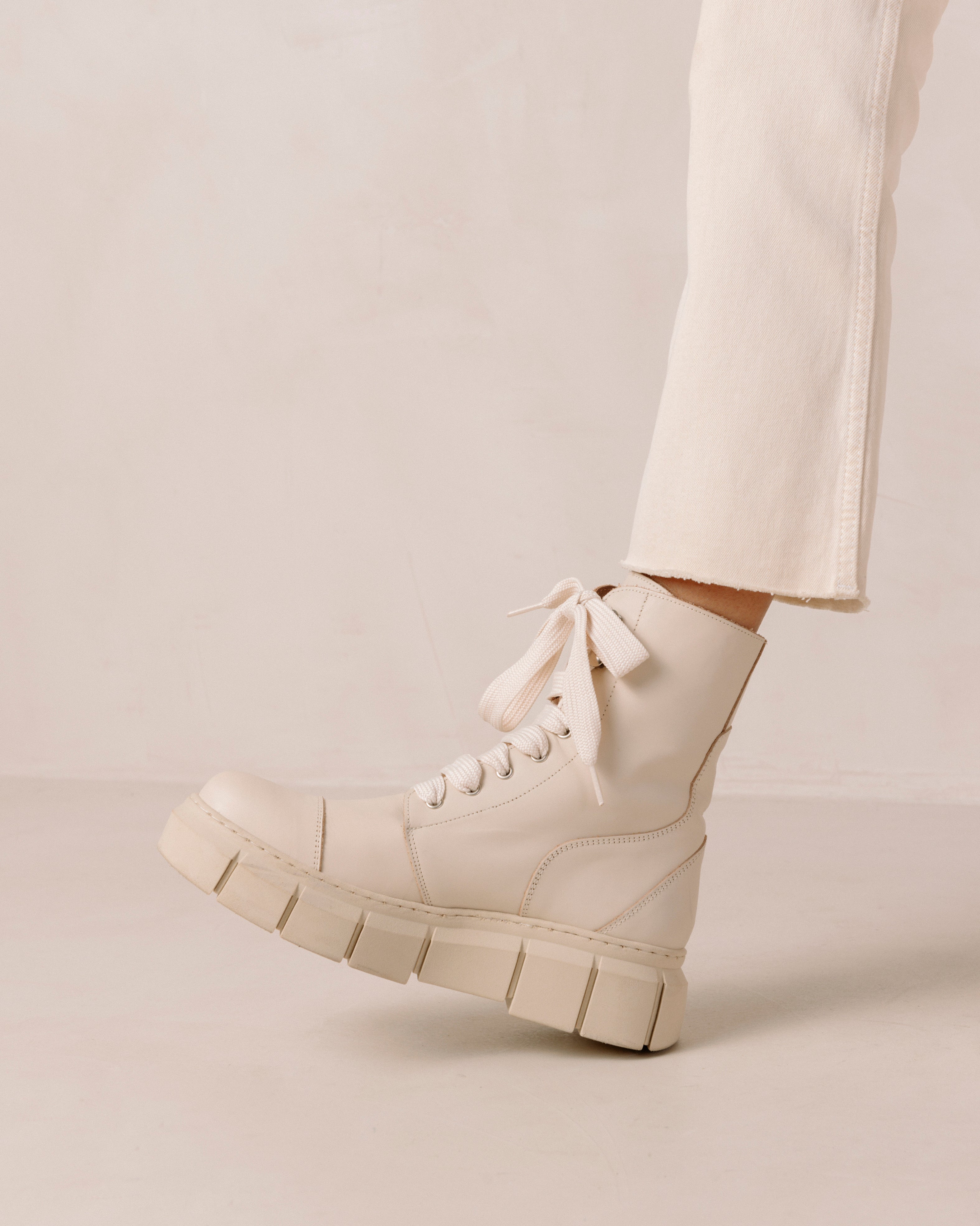 Can Can Cream Leather Ankle Boots Boots ALOHAS